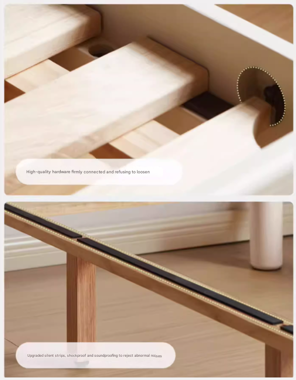 Solid Oak Wood Platform Bed - No Headboard, Cream Finish - Modern Minimalist Bedroom Furniture for Small Spaces & Loft Apartments
