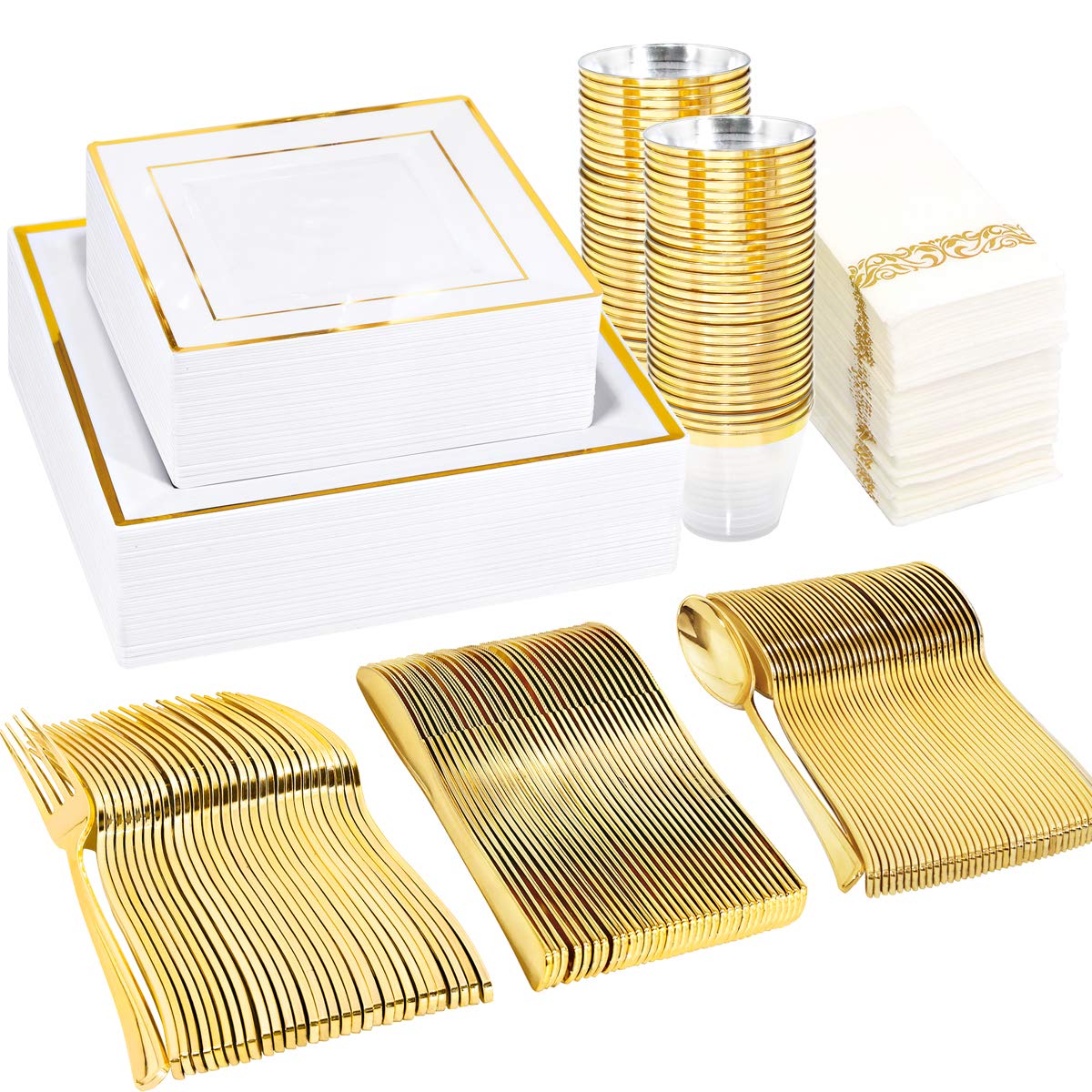 50-Pack Gold Plastic Plates with Disposable Cutlery & Cups - Square Disposable Dinnerware Set with Napkins for Wedding, Party & Events - Elegant Tableware for Bridal Showers, Baby Showers & Banquets