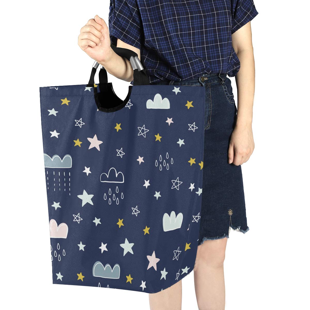 Vikko Foldable Kids Laundry Basket - Cute Star Cloud Moon Design, Blue Clothes Hamper Organizer for Toys, Books & Bedroom Storage | Perfect for Nursery, Playroom & Dorm Organization