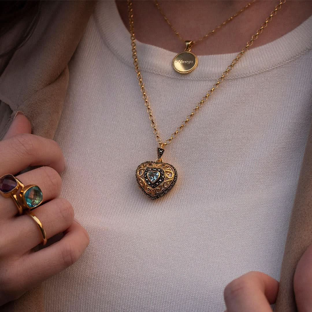 Vintage Blue Topaz Heart Locket Necklace in Gold - Perfect for Valentine's Day Gifts, Anniversary Presents & Romantic Occasions