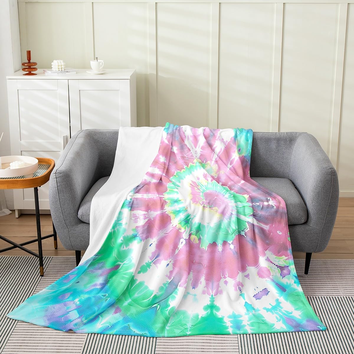 Tie Dye Fleece Blanket 40x50 Inches - Bohemian Watercolor Throw for Kids, Girls & Adults - Soft Warm Flannel Blanket in Psychedelic Pink & Teal Blue Spiral Patterns - Perfect for Living Room Decor, Bedroom Coziness & Boho Chic Home Styling