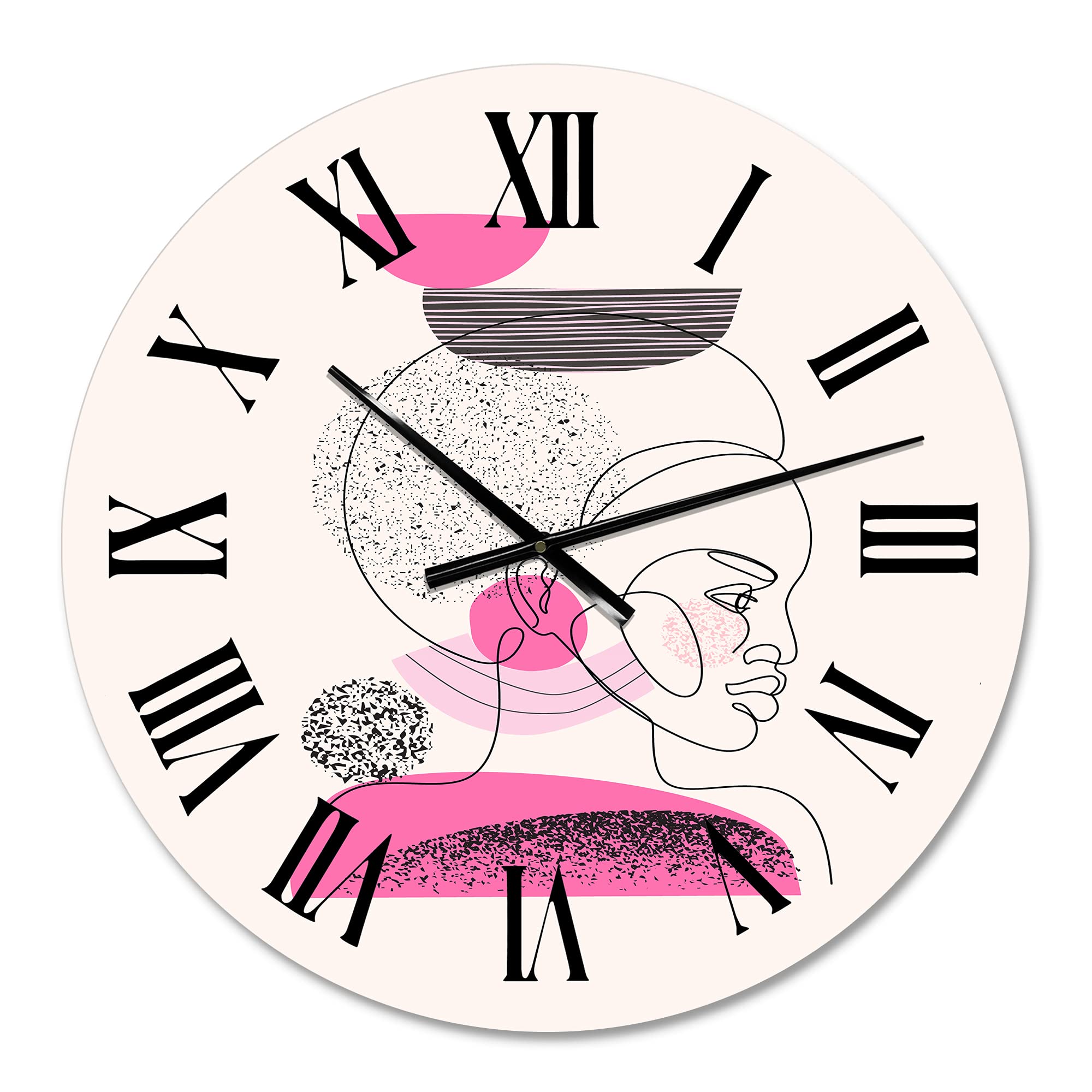 Abstract One Line Portrait Afro American Women Wall Clock - Large Modern Fractal Art Home Decor for Living Room, Bedroom & Office