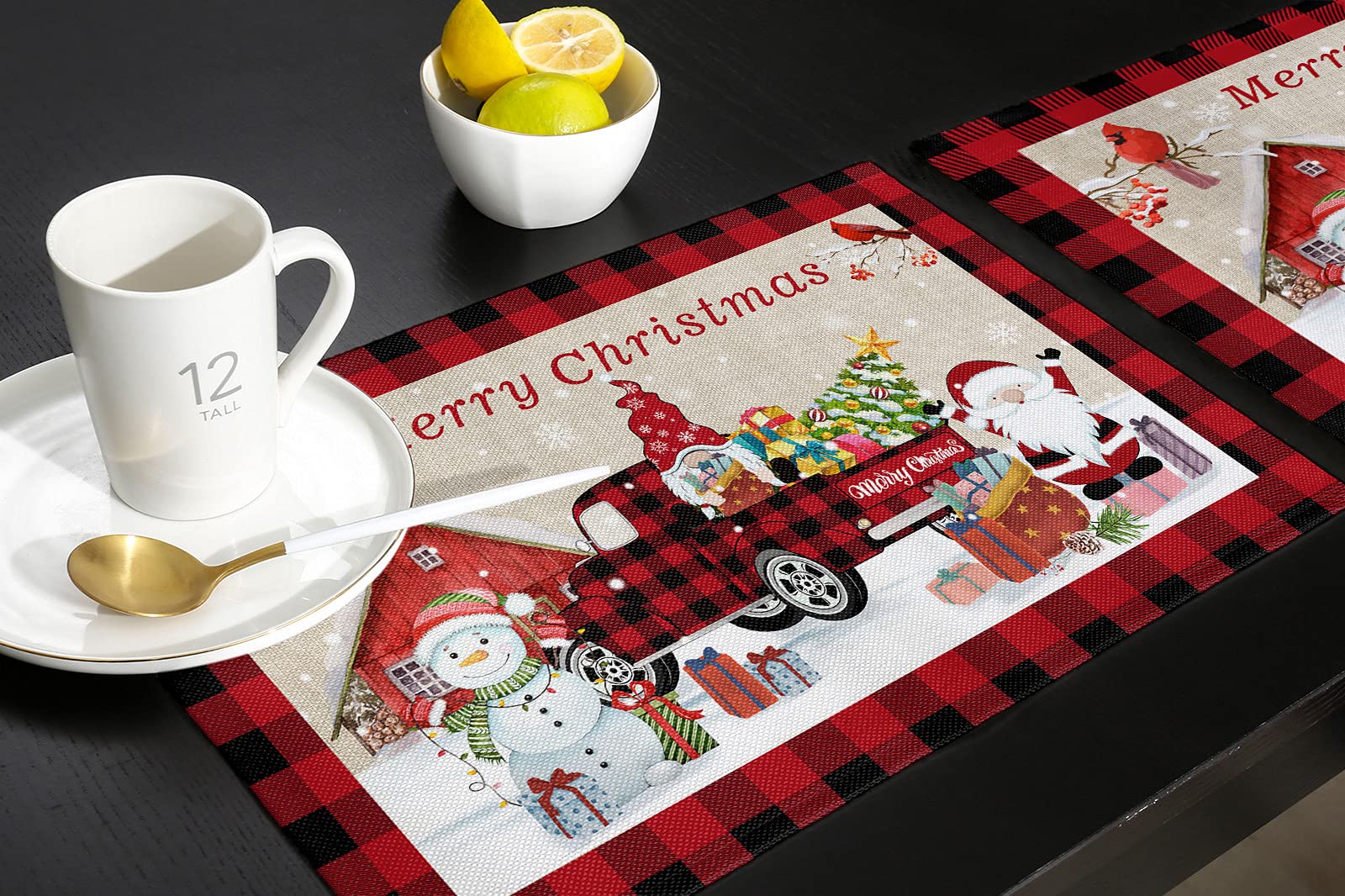 Christmas Placemats Set of 4 - Washable Holiday Table Mats with Xmas Truck, Gnomes & Snowman Design - 13x19 Inch Buffalo Plaid Dining Mats for Kitchen, Restaurant & Picnic Decor - Perfect for Holiday Dinners, Party Decorations & Festive Gatherings