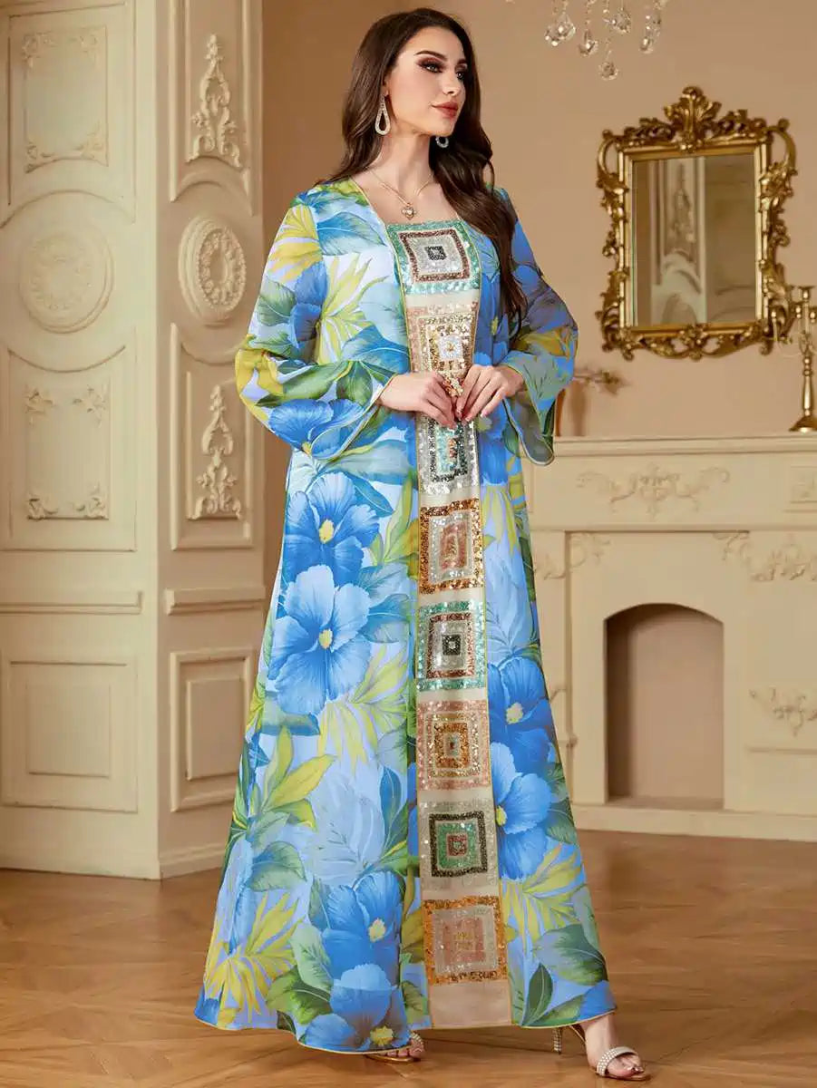 Elegant Eid Sequins Printed Caftan Kaftan Dress for Women - Party Wear, Evening Gown, Special Occasion Outfit #254185