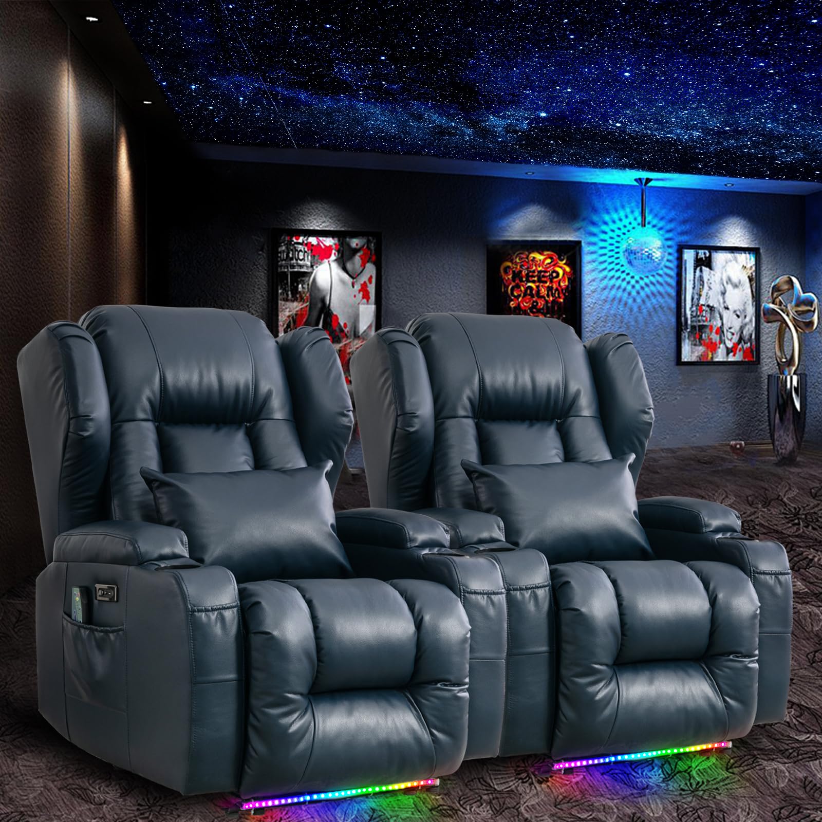 2PC Power Recliner Chair Set with Massage, Heat & LED Lights - Home Theater Seating, Living Room Reclining Sofa with Cup Holder & USB Charger | Perfect for Movie Nights, Gaming & Relaxation