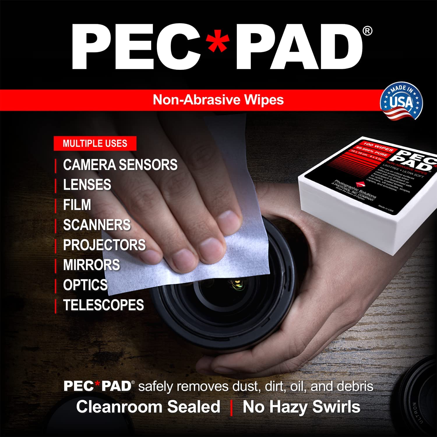 PEC*PAD Non-Abrasive Cleaning Wipes 4x4 Inch - Gentle Lint-Free Wipes for Electronics, Glasses, and Camera Lenses - Perfect for Home, Office, and Professional Use