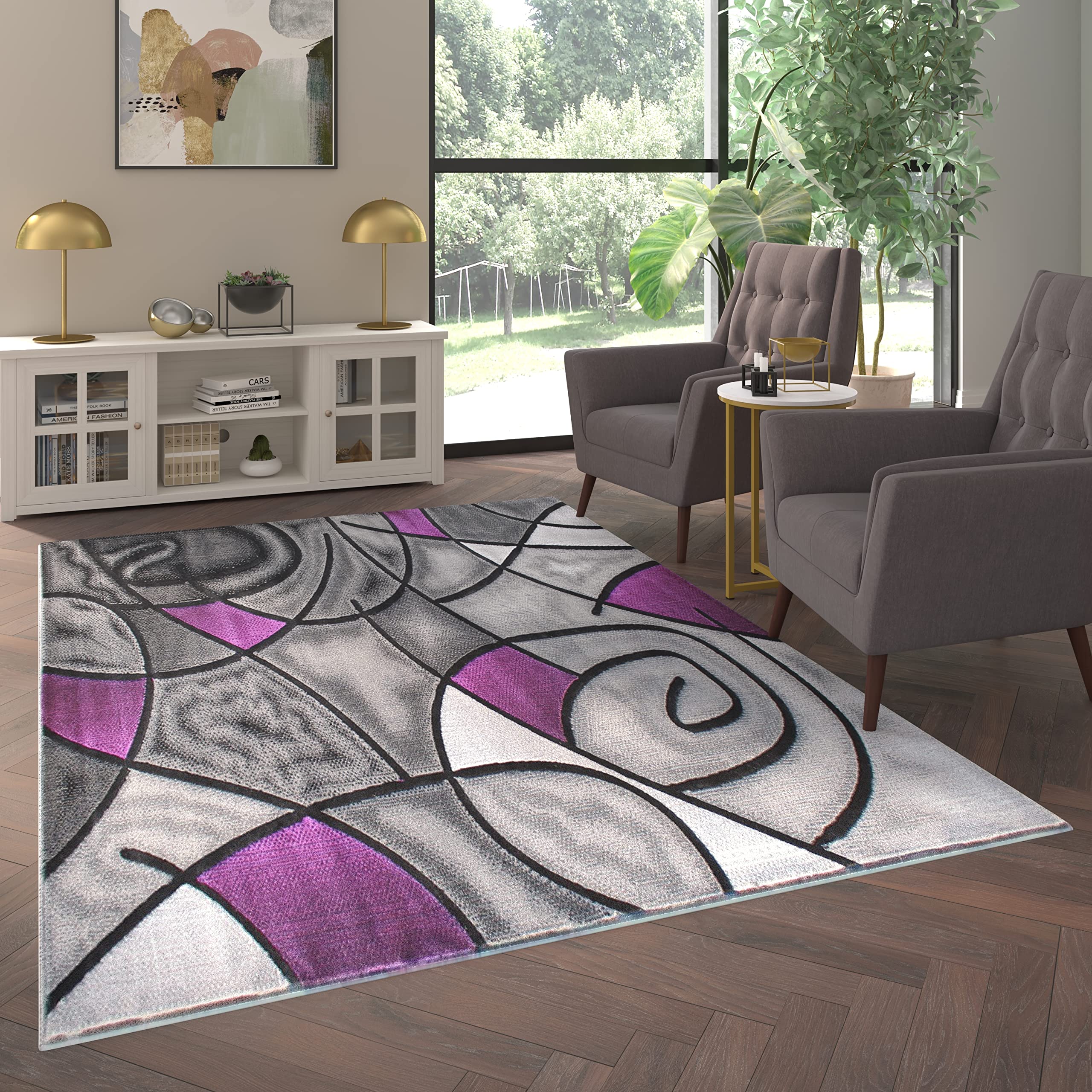 EMMA + OLIVER Modern Plush Olefin Accent Rug - 6x9 Abstract Geometric Design with Gray Gradient & Purple Accents - Waterproof Stain Resistant Area Rug for Living Room, Bedroom, Office Decor