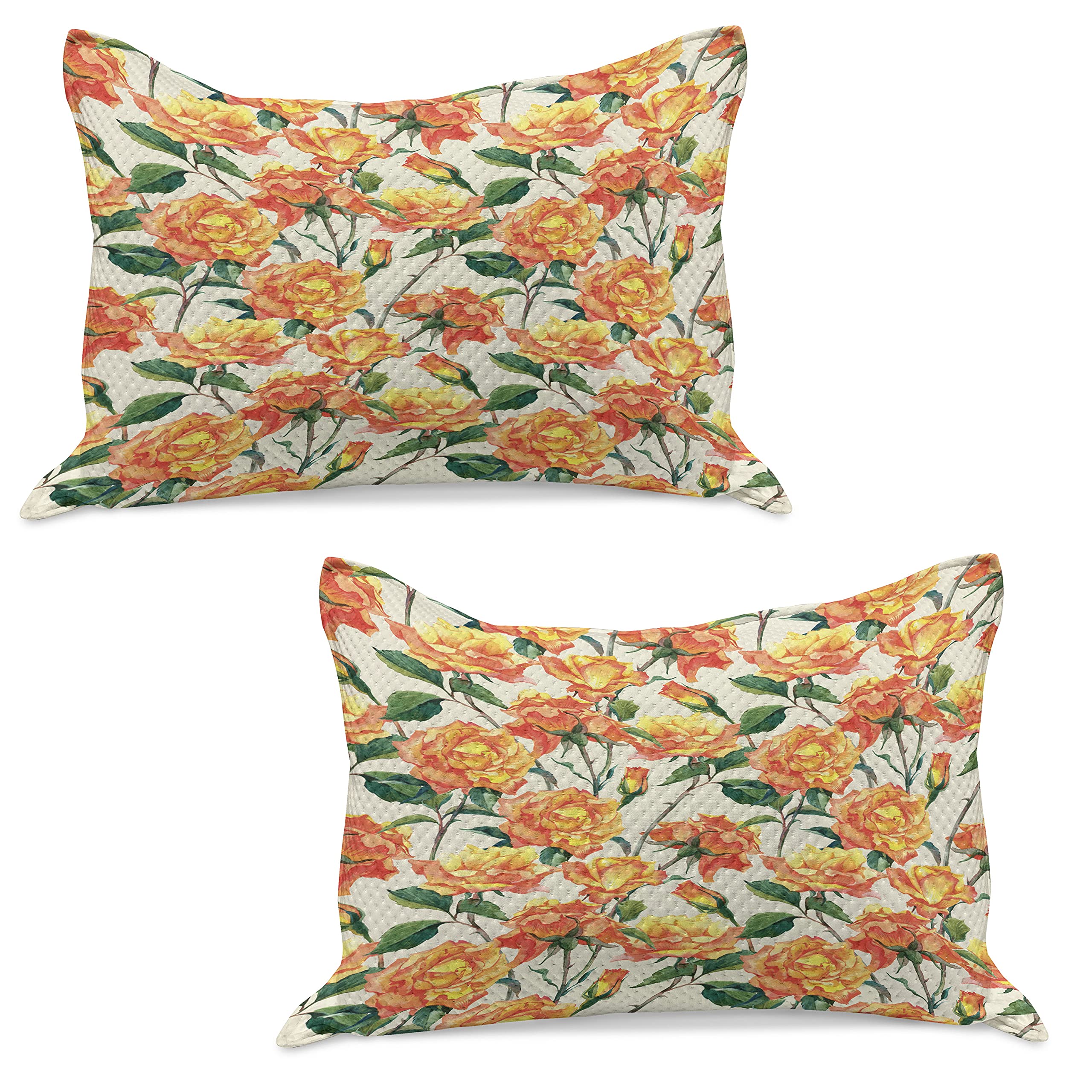 Ambesonne 2-Pack Quilted Pillow Covers - Vintage Rose Bouquet Design in Cream, Orange & Green, 30