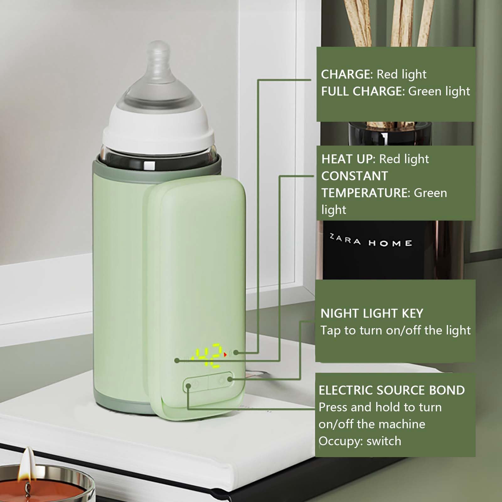 Portable USB Rechargeable Bottle Warmer - Wireless Travel Baby Milk & Water Warmer with Constant Temperature Control - Perfect for On-the-Go Parents, Camping & Road Trips (Green)