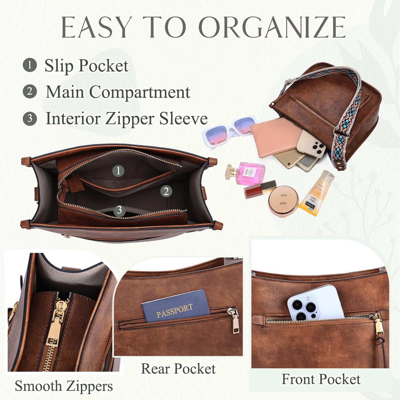 VASCHY Vegan Leather Crossbody Bag for Women - Stylish Hobo Shoulder Purse with Adjustable Guitar Strap | Perfect for Work, Travel & Everyday Use