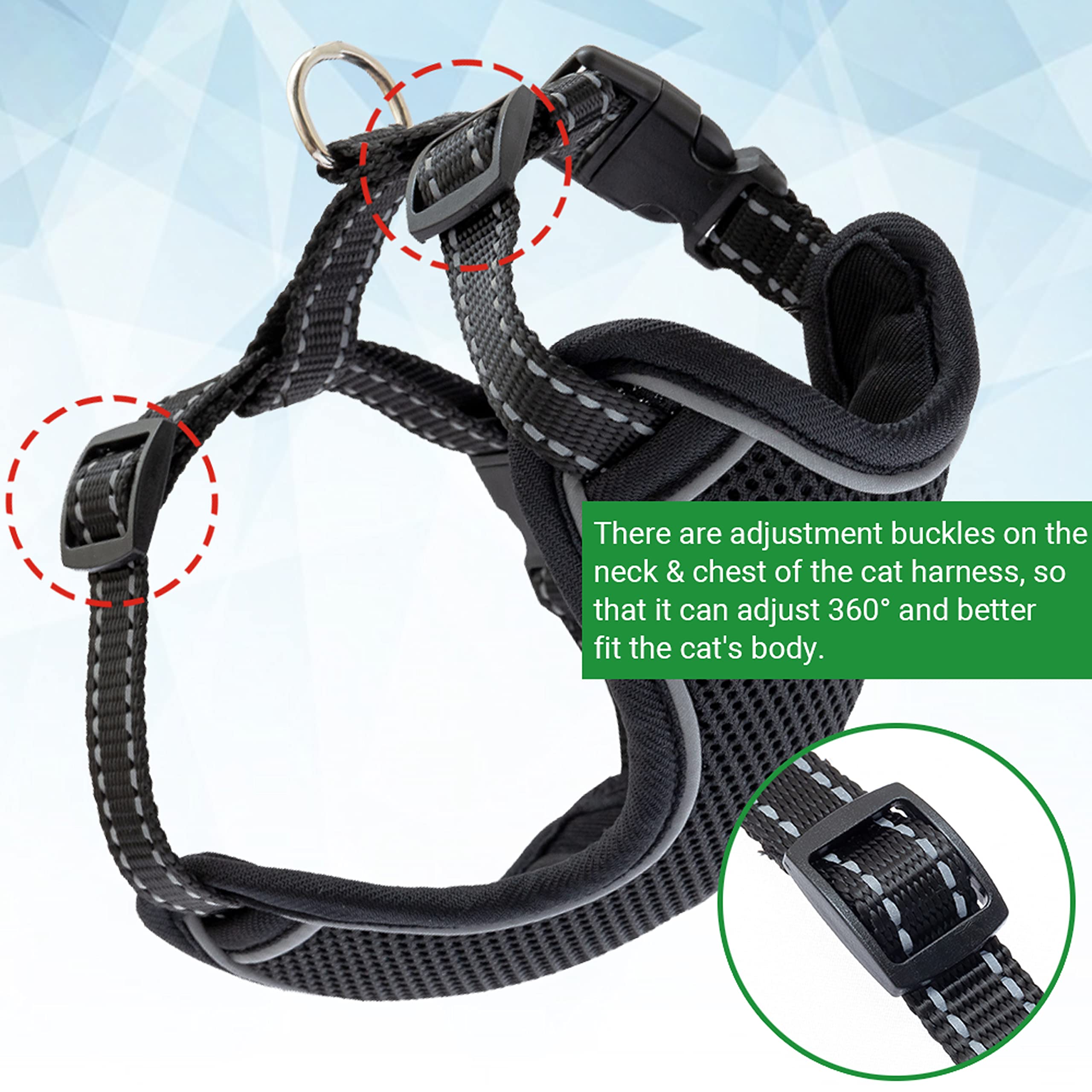 **Escape-Proof Cat Harness and Leash Set - Reflective Adjustable Mesh Vest for Small to Large Cats & Puppies - Soft Breathable Full-Body Harness (Black) - Perfect for Outdoor Walks, Travel & Adventure**