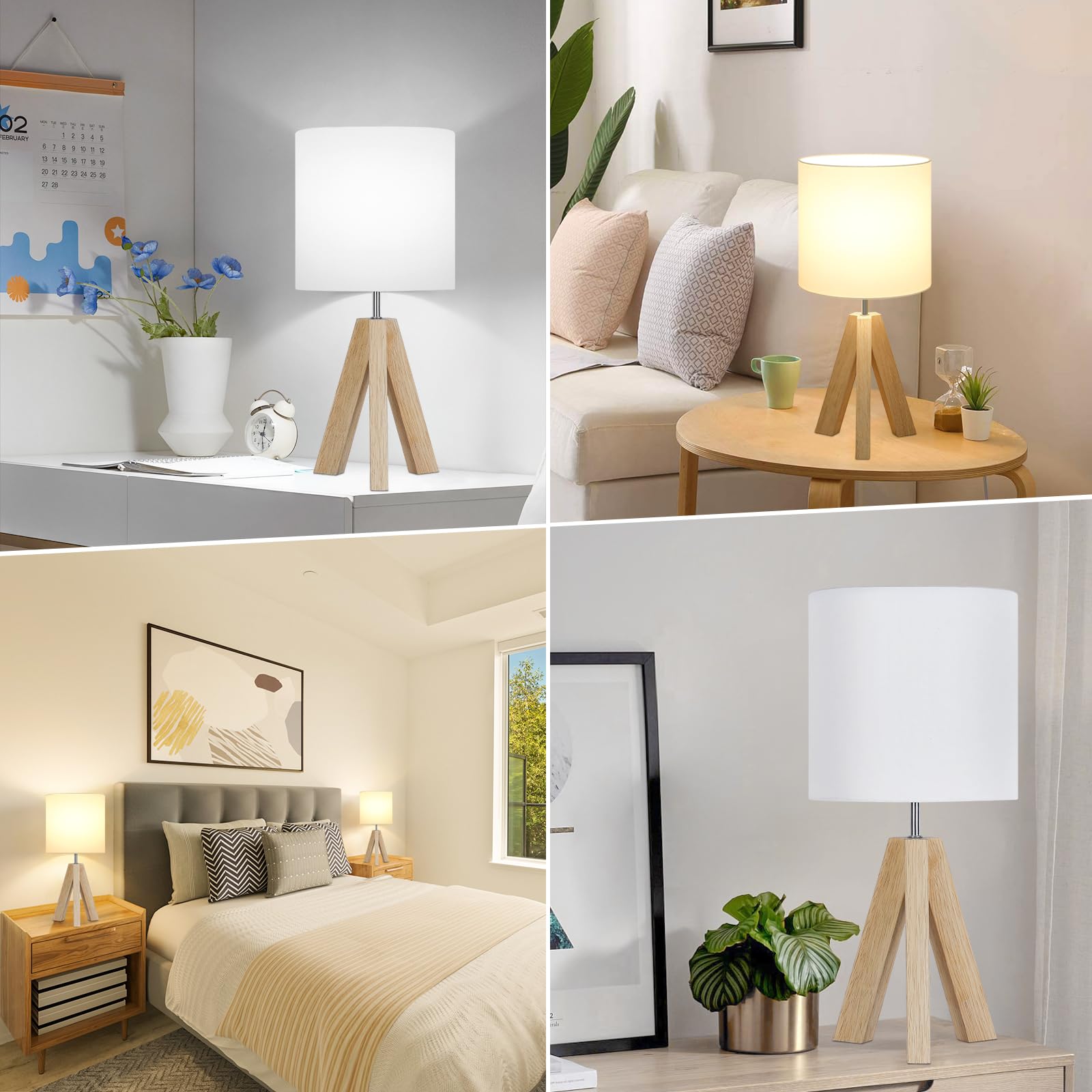 Small Wood Tripod Table Lamp with White Fabric Shade - Minimalist Boho Nightstand Lamp for Bedroom, Living Room, Nursery, Kids Room, Office & Dorm - Perfect for Reading, Relaxing & Decorating