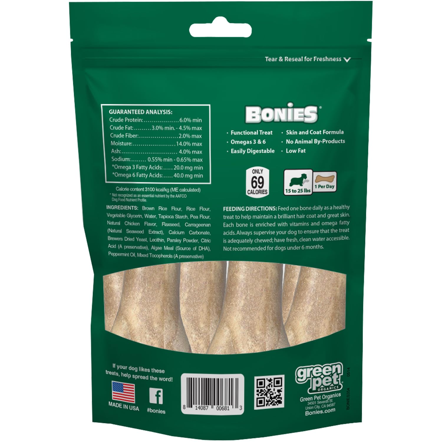 Bonies Natural Skin & Coat Formula Small Dog Treats - Promote Silky Coat, Healthy Skin, Teeth & Fresh Breath - Low Calorie Chicken Flavor (15 Count) - Perfect for Training, Rewards & Dental Care for Small Breeds