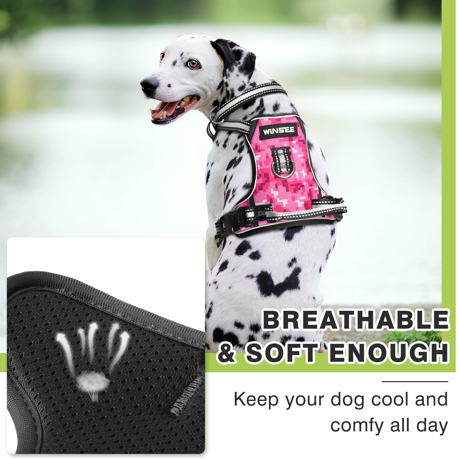 WINSEE No Pull Dog Harness with Adjustable Reflective Oxford Vest - Front & Back Leash Clips for Small Medium Large XL Dogs - Easy Control Handle for Walking, Running & Outdoor Adventures