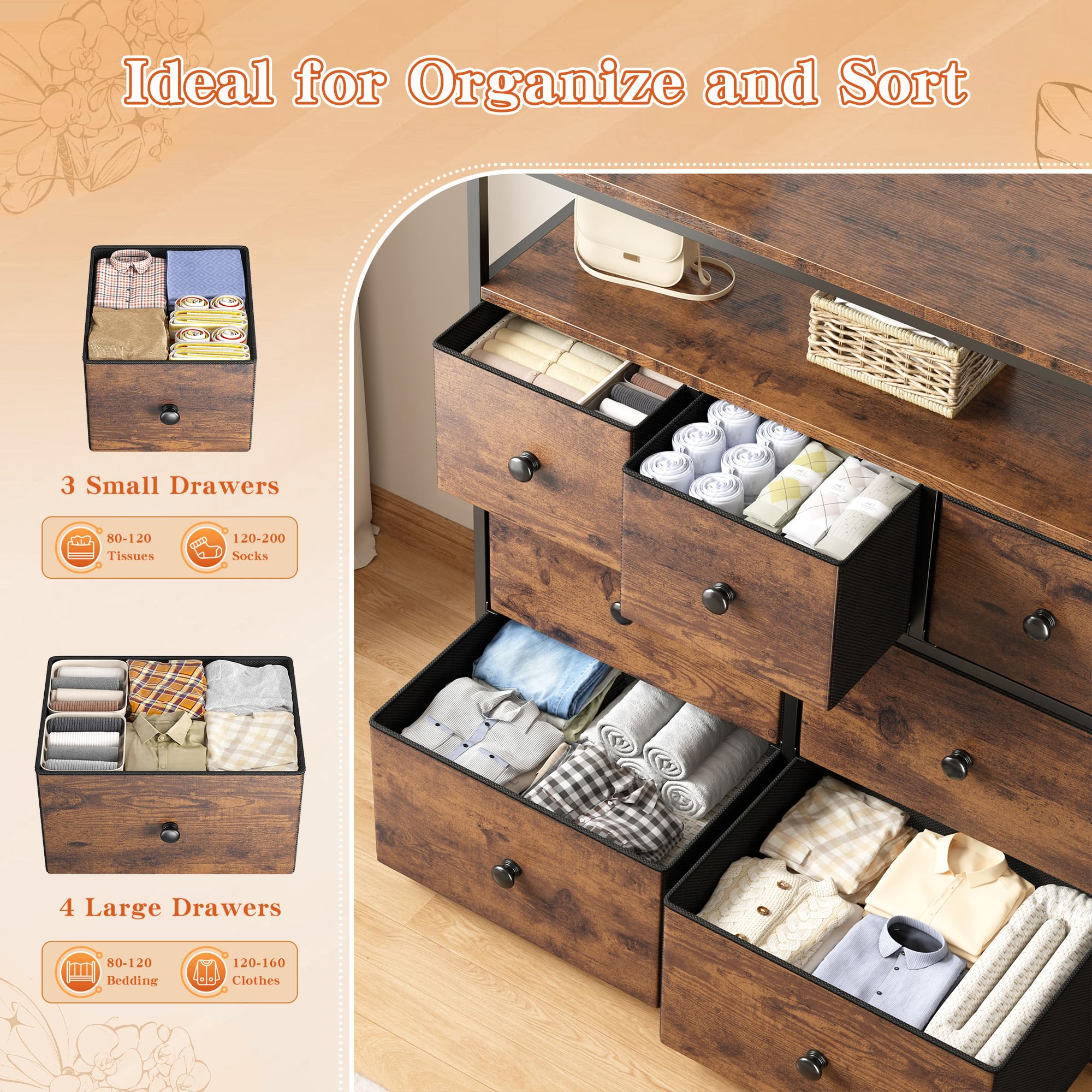 7-Drawer Purple Dresser for Bedroom - Wooden Top & Metal Frame Chest of Drawers - Clothes Storage Organizer with Rustic Brown Finish | Perfect for Bedroom Organization, Guest Room Furniture & Entertainment Center Storage