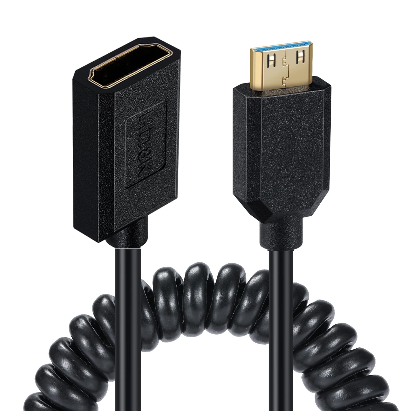 MOTONG 8K HDMI to Mini HDMI Cable 2.1 Version - Gold-Plated Coiled Mini HDMI Type C to HDMI Male to Female Cord - 8K@60Hz 48Gbps with Dynamic HDR Support - Compatible with Cameras, Camcorders, DSLRs, and 4K/8K TVs - Perfect for Professional Video Recording and Home Theater Setups (M to F, 1.2M)