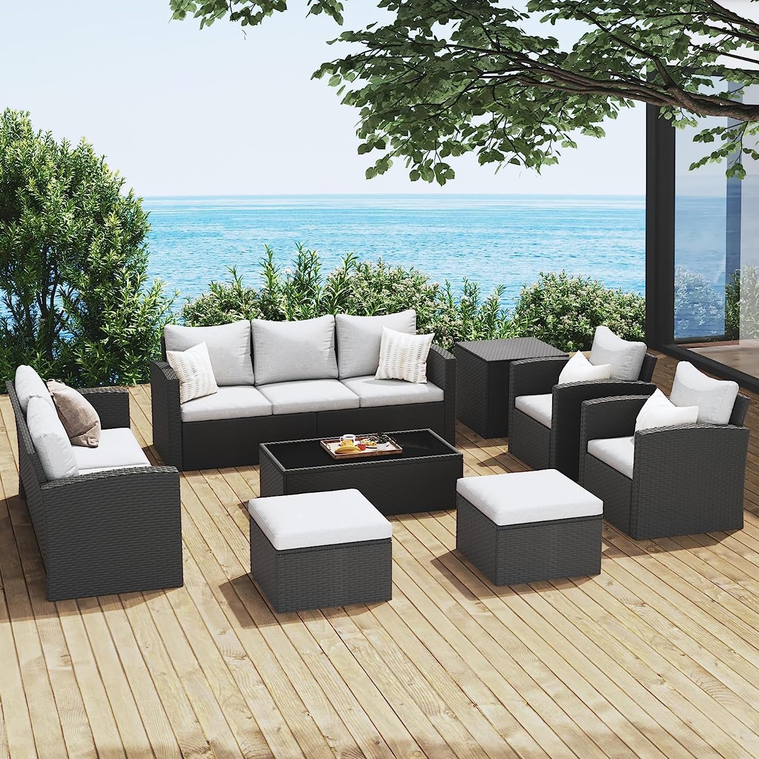 Green4ever 9-Piece All-Weather PE Wicker Patio Furniture Set with Grey Cushions & Coffee Table - Outdoor Rattan Sectional Sofa for Backyard, Poolside, Garden, Porch, and Lawn Relaxation