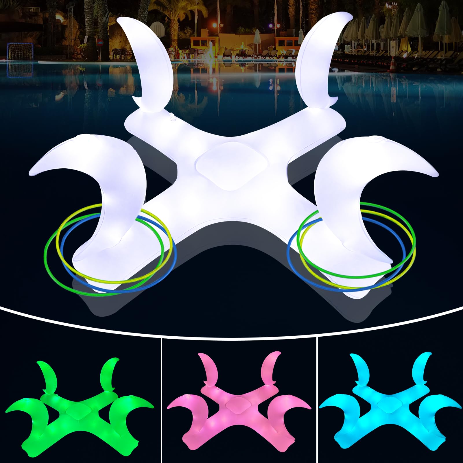 **Solar-Powered Moon Inflatable Pool Ring Toss Game with Colorful LED Lights – 6 Rings Included – Fun Water Toys for Kids, Toddlers & Adults – Perfect for Pool Parties, Summer Fun & Backyard Games**