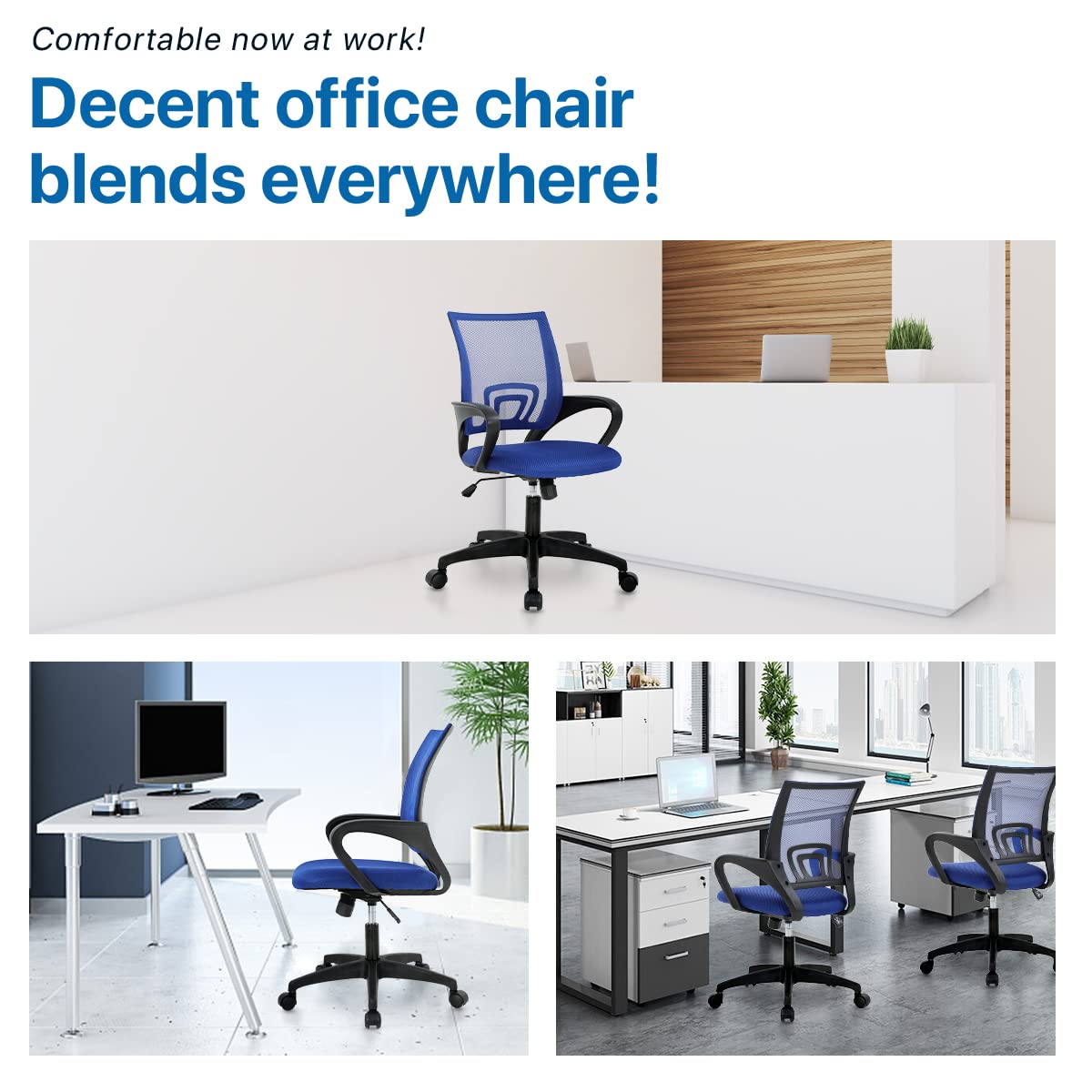 Ergonomic Office Chair with Lumbar Support - Adjustable Height Mesh Computer Desk Chair with Armrests, Swivel & Rolling Wheels - Mid Back Executive Task Chair for Home Office (Blue) | Perfect for Long Work Hours, Gaming & Remote Work