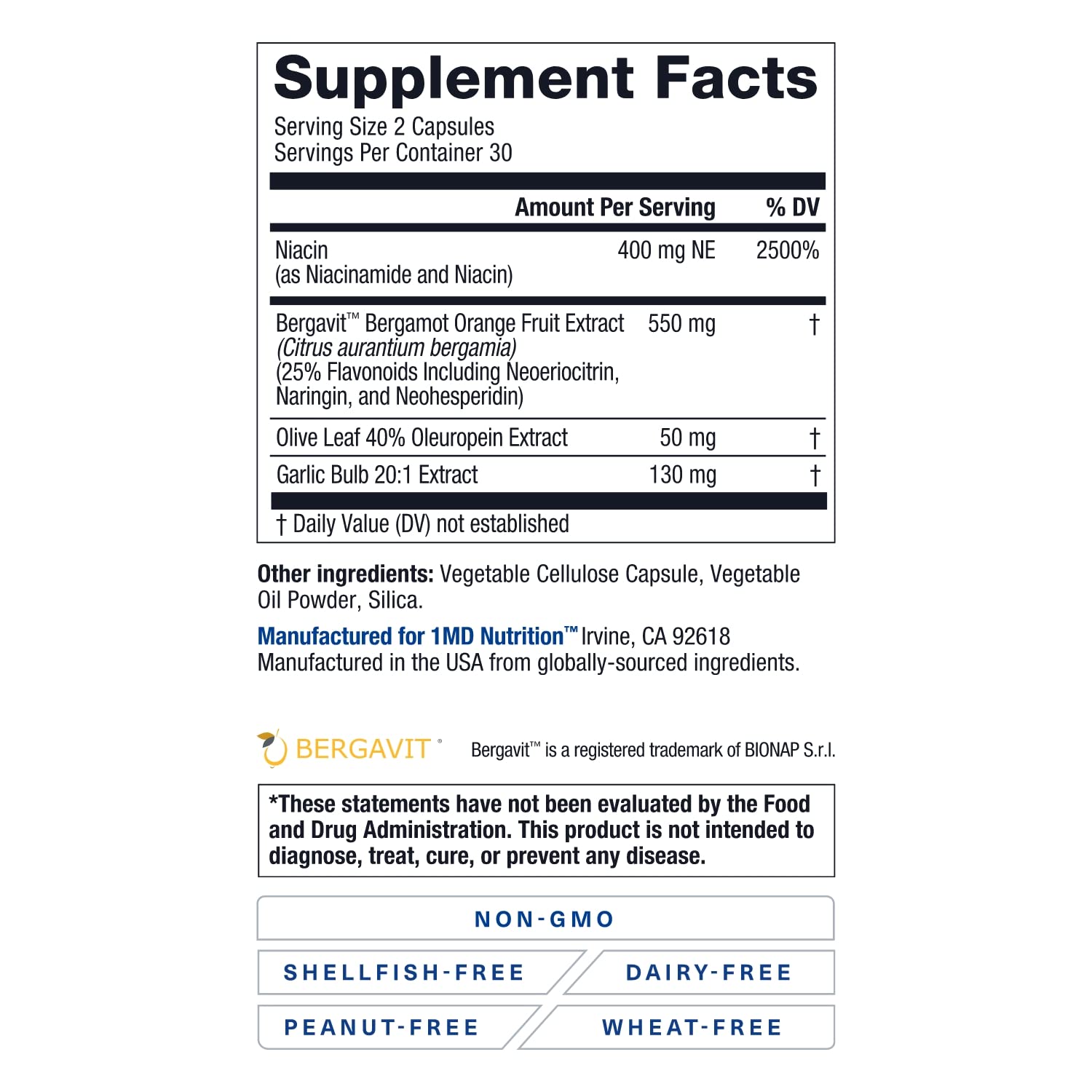 1MD Nutrition CholestMD - Heart Health Supplement with Olive Leaf Extract, Bergavit, Niacin & Garlic | 120 Capsules (2-Pack) | Supports Healthy Cholesterol Levels for Active Adults & Seniors