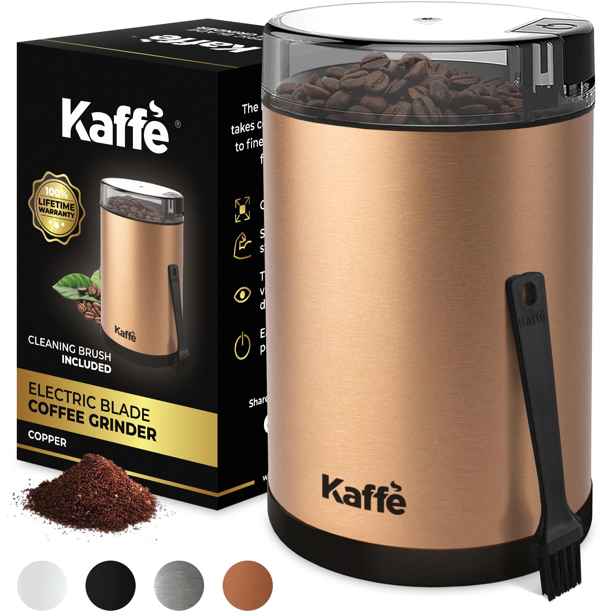Premium Electric Coffee Grinder - One-Touch Operation with Cleaning Brush - 3 oz Stainless Steel Blade - Grinds Up to 12 Cups - Perfect for Home, Office & Travel - Easy On/Off Coffee Bean Grinder - Copper Finish - Ideal for Espresso, French Press & Drip Coffee Makers