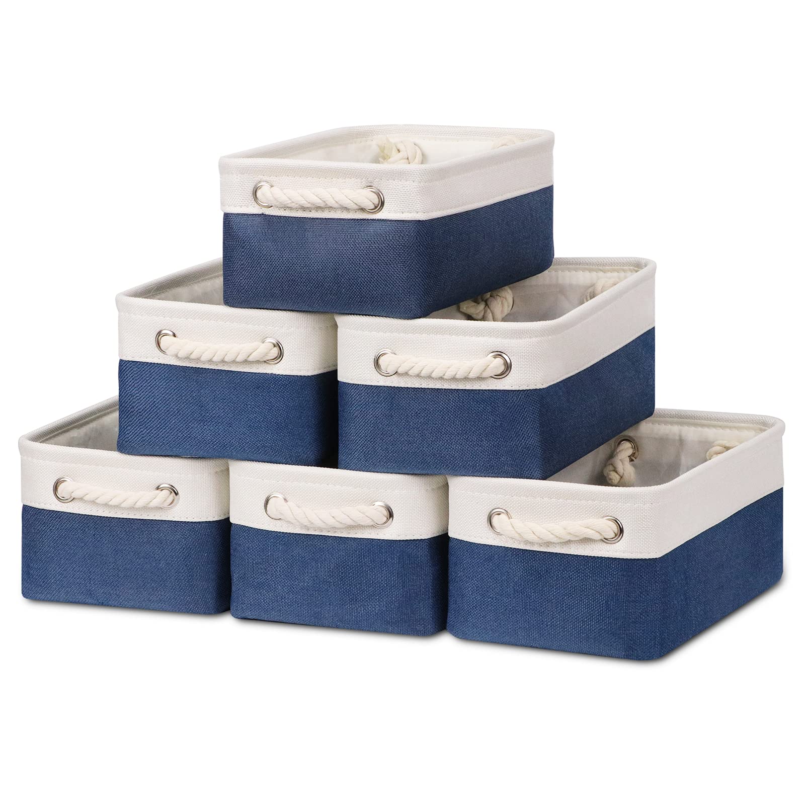 Bidtakay 6-Pack Small Canvas Storage Baskets with Handles - Navy Blue & White Fabric Storage Bins 11.8