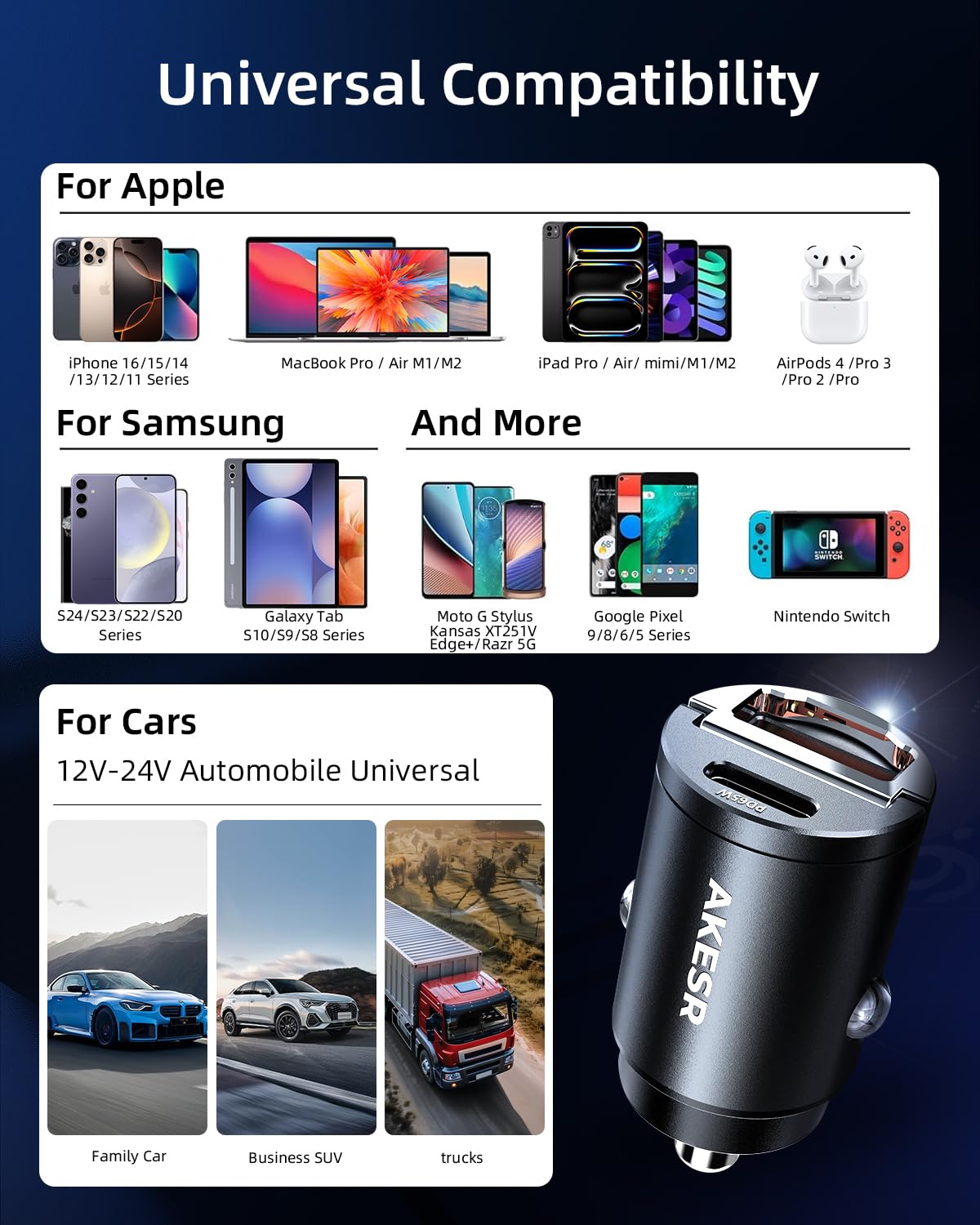 65W USB C Car Charger Fast Charging Adapter - Dual Port 12V Cigarette Lighter Phone Charger for iPhone 16/15/14 Pro/Max, Samsung Galaxy S25/S24/S23 Ultra, Google Pixel - Compact Car Accessories for Road Trips & Daily Commute