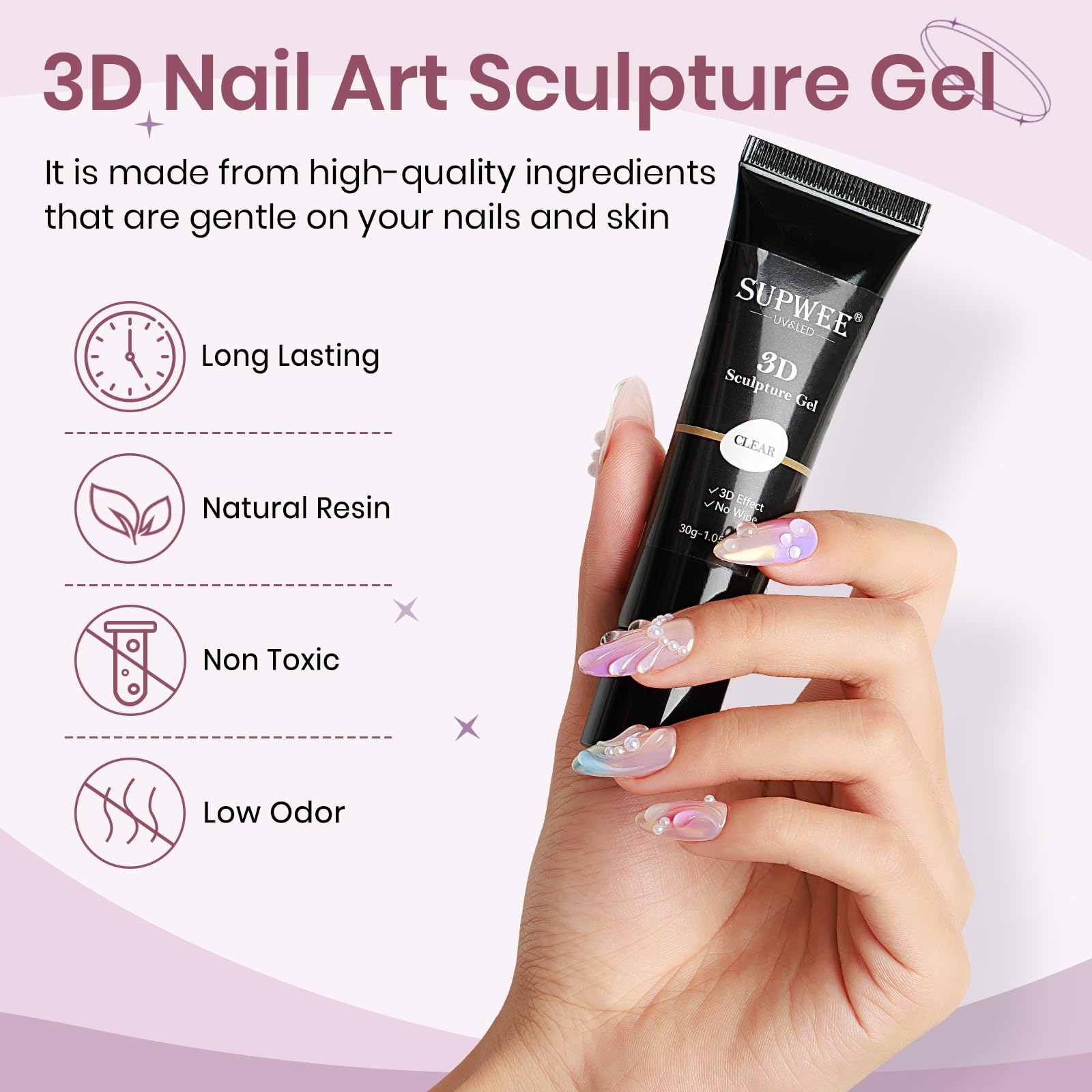 3D Clear Nail Sculpting Gel - 30g No Wipe Molding Gel for Nail Art, Rhinestone & Charm Decoration | Perfect for DIY Nail Designs, Salon Manicures & Professional Nail Extensions