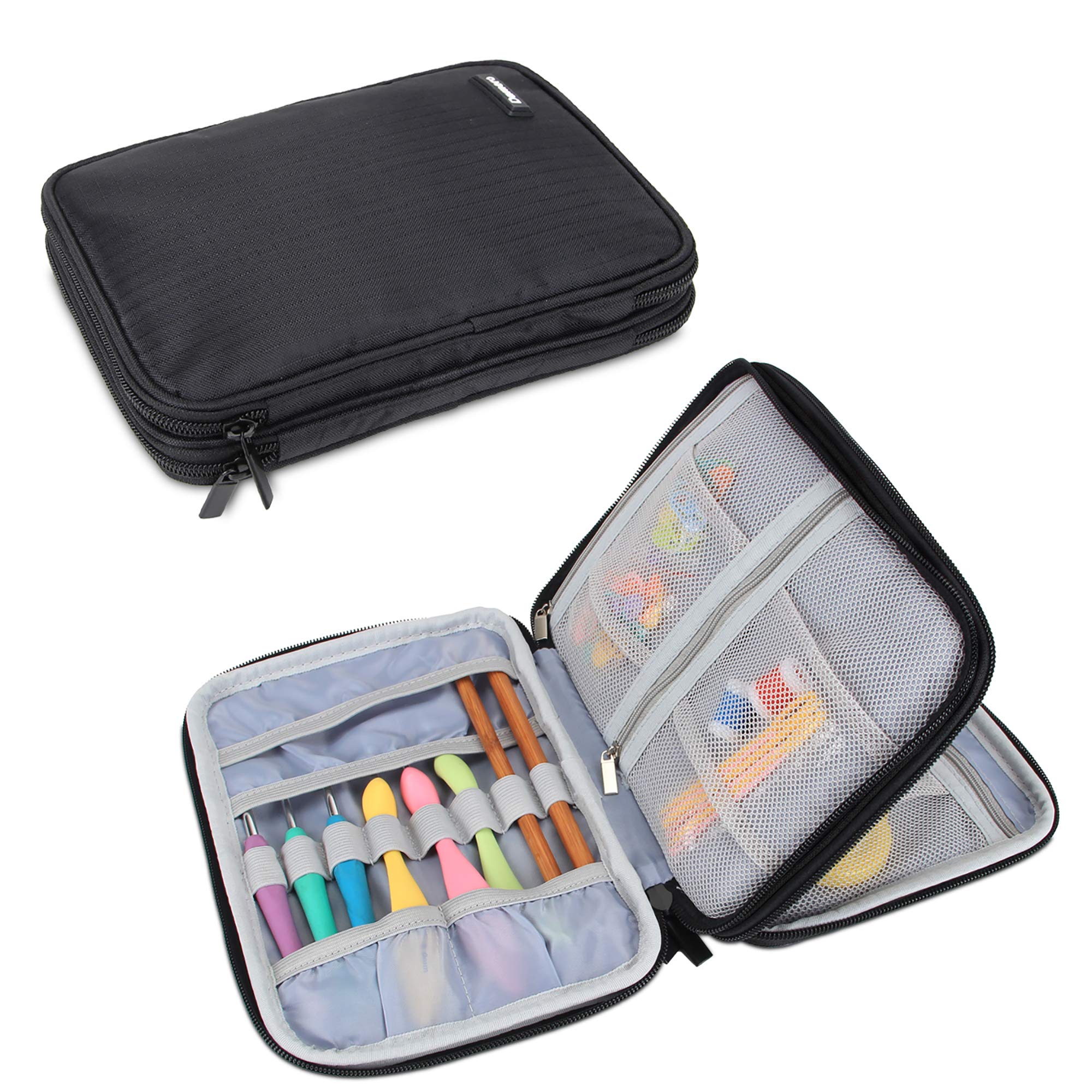 **Damero Crochet Hook Case – Large Black Travel Storage Bag for Swing & Lighted Crochet Hooks (Up to 8''), Needles & Accessories – Perfect for Knitting, Crocheting & Crafting On-The-Go**