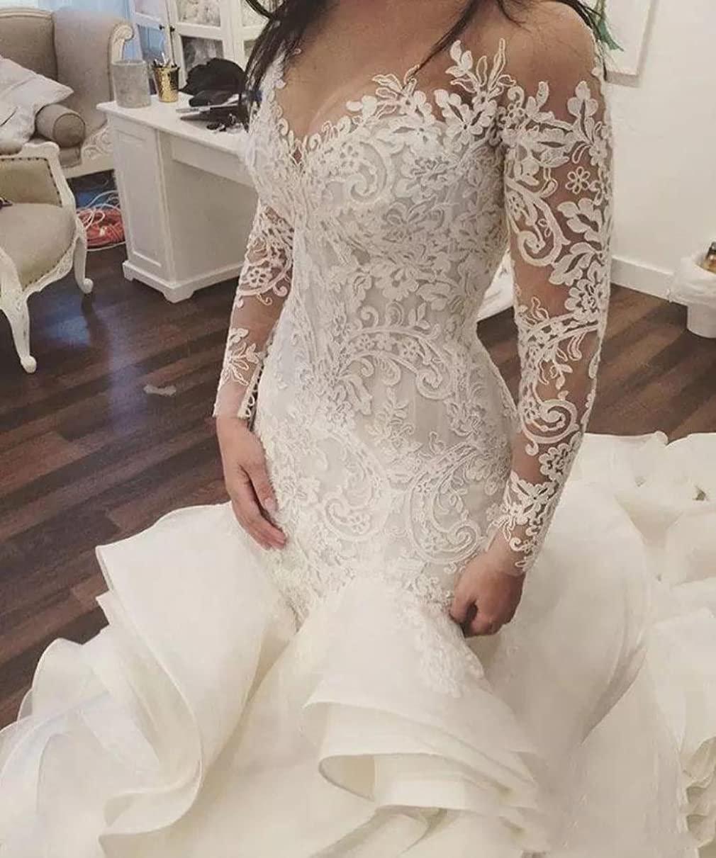 Plus Size Beach Wedding Dresses - Elegant Lace Bridal Ball Gowns with Ruffles & Long Train Mermaid Style for Curvy Brides | Long Sleeve Formal Gowns for Beach Weddings, Destination Ceremonies & Romantic Photos