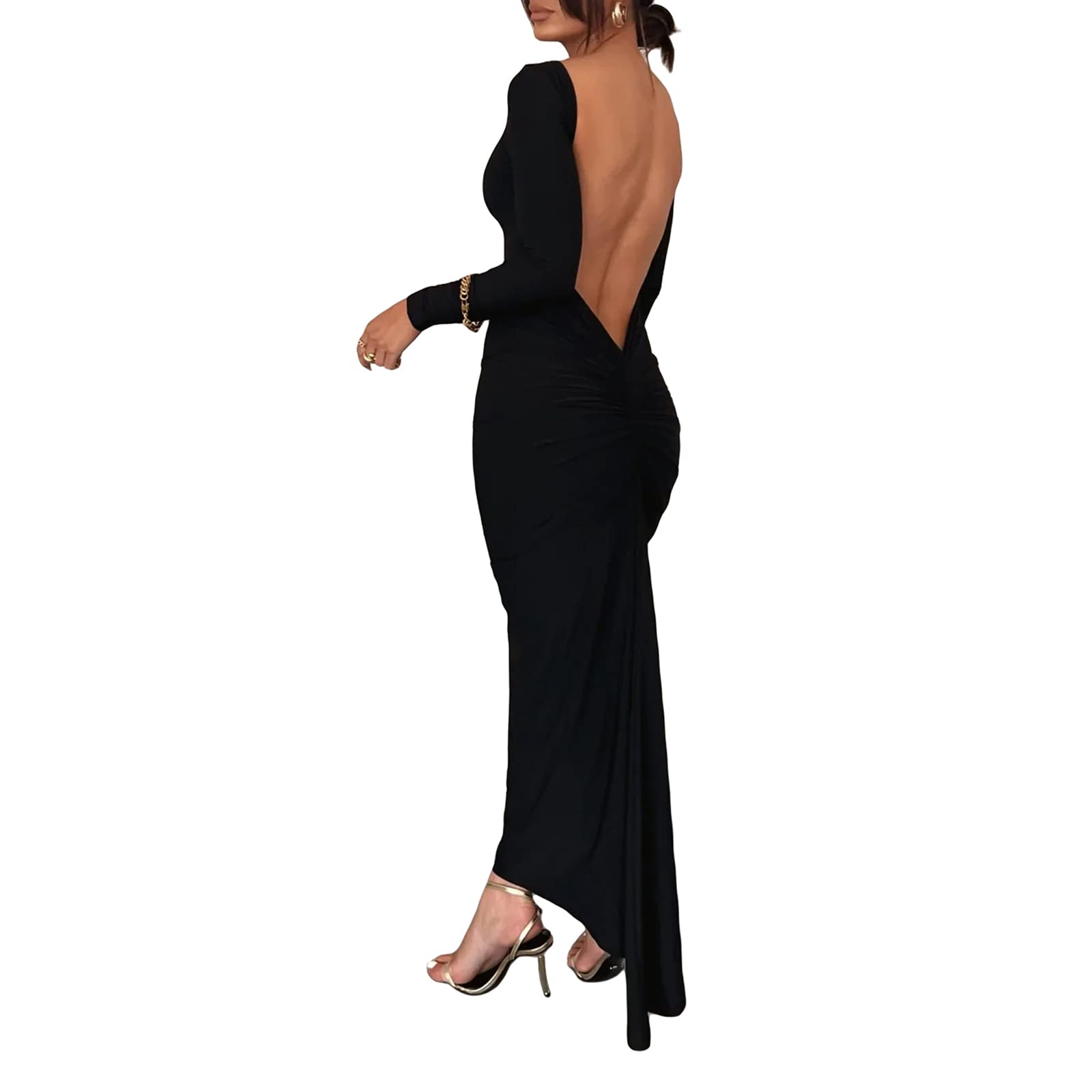 Sexy Backless Long Sleeve Bodycon Maxi Dress for Women - Elegant Mermaid Evening Gown & Cocktail Party Dress for Date Night, Prom, Wedding Guest