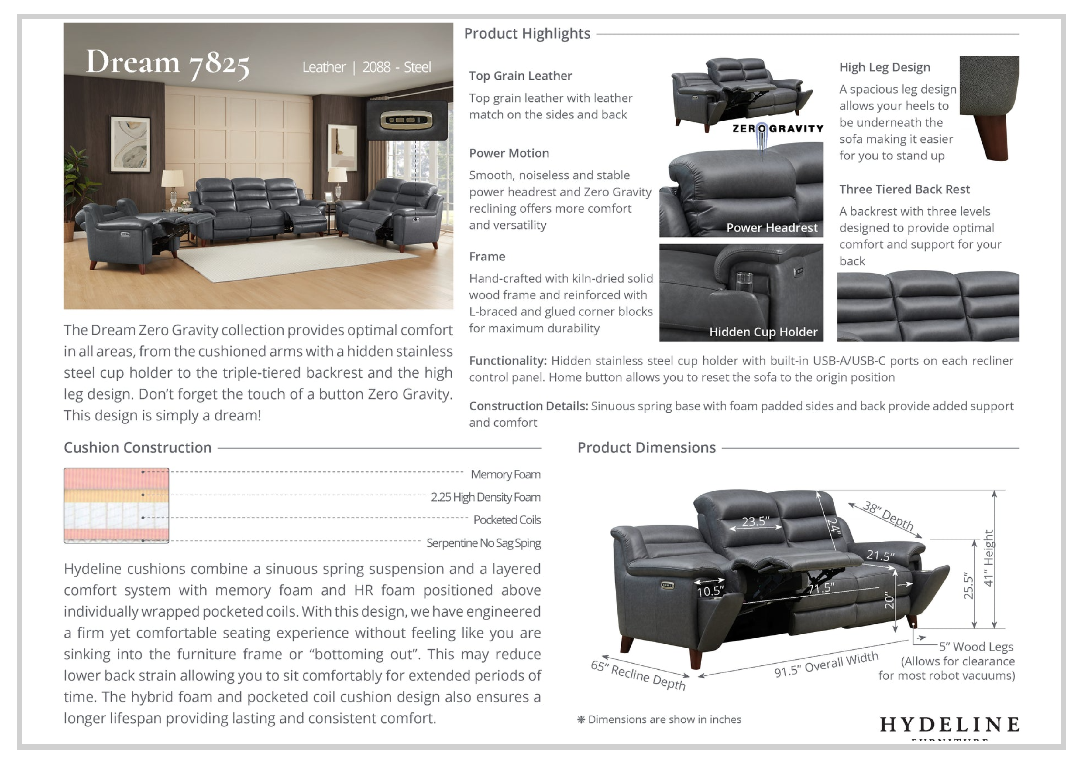 Hydeline Dream Top Grain Leather Power Reclining Sofa with Zero Gravity & Adjustable Headrest - Perfect for Living Room, Home Theater, and Relaxation