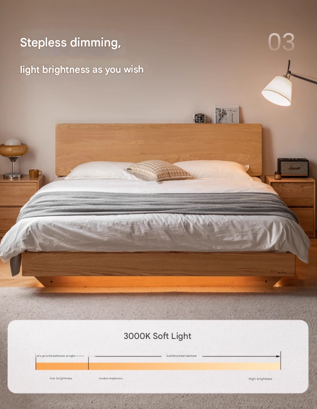 Solid Oak & Black Walnut Wood Floating Platform Bed with LED Lighting - Modern Bedroom Furniture for Contemporary Home Decor