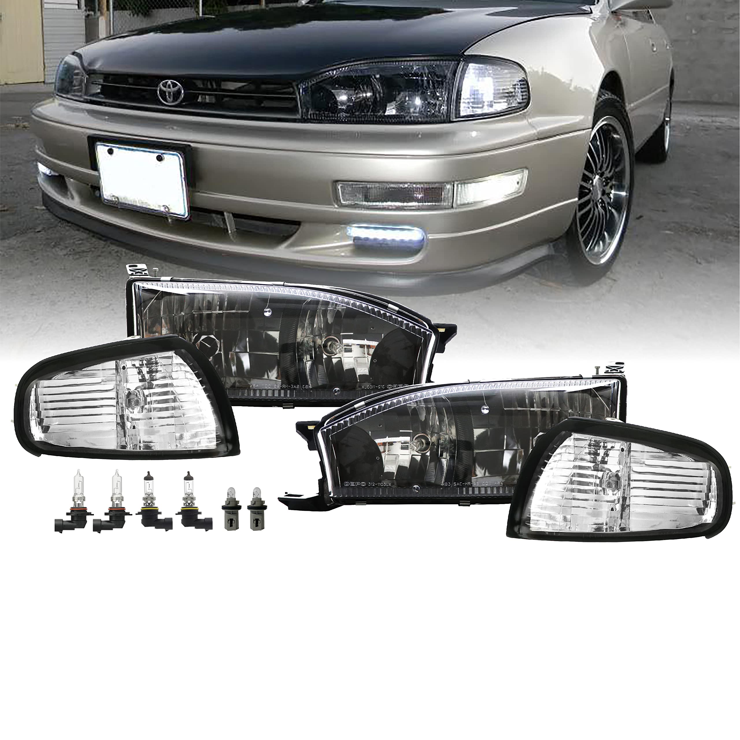 JDM Style Black Housing Clear Lens Headlights & Clear Corner Lights for 1992-1994 Toyota Camry - Complete 4-Piece Set | USR DEPO 92-94 Camry Headlights | Perfect for Night Driving & Car Customization