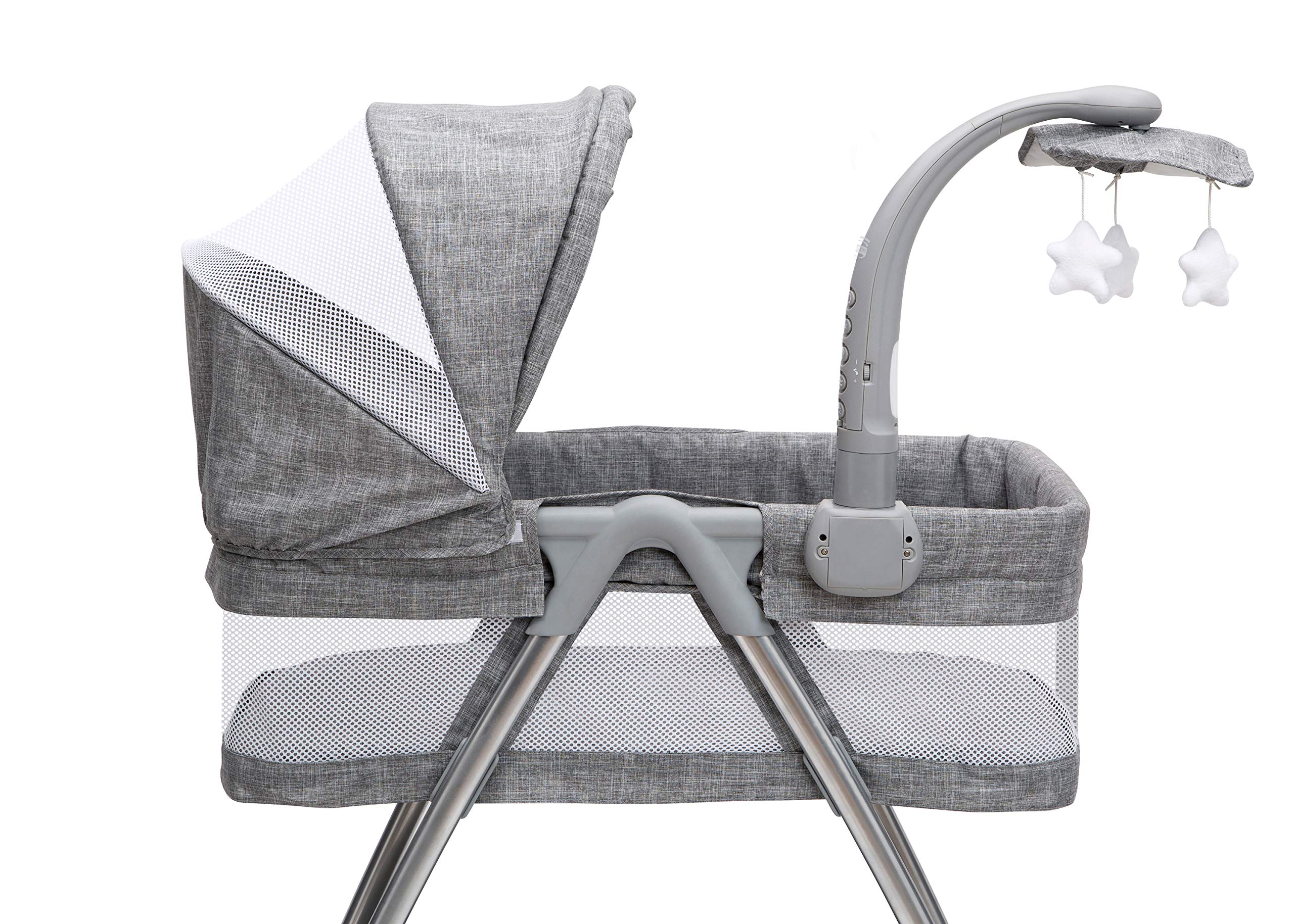 Simmons Kids City Sleeper Portable Bassinet & Bedside Crib with Nightlight, Vibration, Rotating Stars & Activity Mobile - Grey Tweed | Perfect for Newborns & Nursery Room Decor