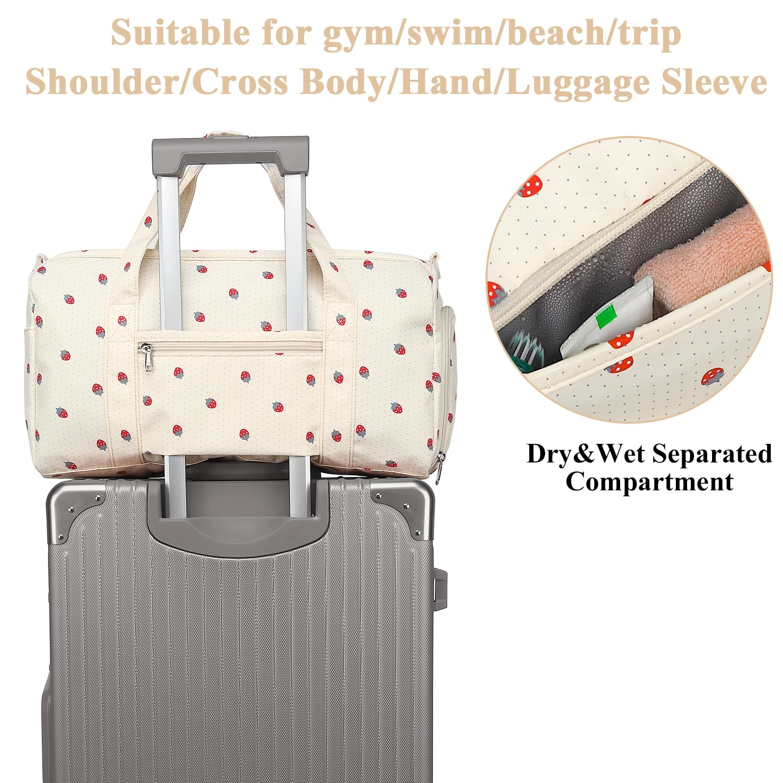 Gym Bag for Men & Women - Large Sports Duffle Bag with Wet Pocket & Waterproof Shoe Compartment | Foldable Weekender Overnight Travel Bag with Ventilation Holes | Perfect for Gym, Travel, Workout & Sports - Strawberry Beige