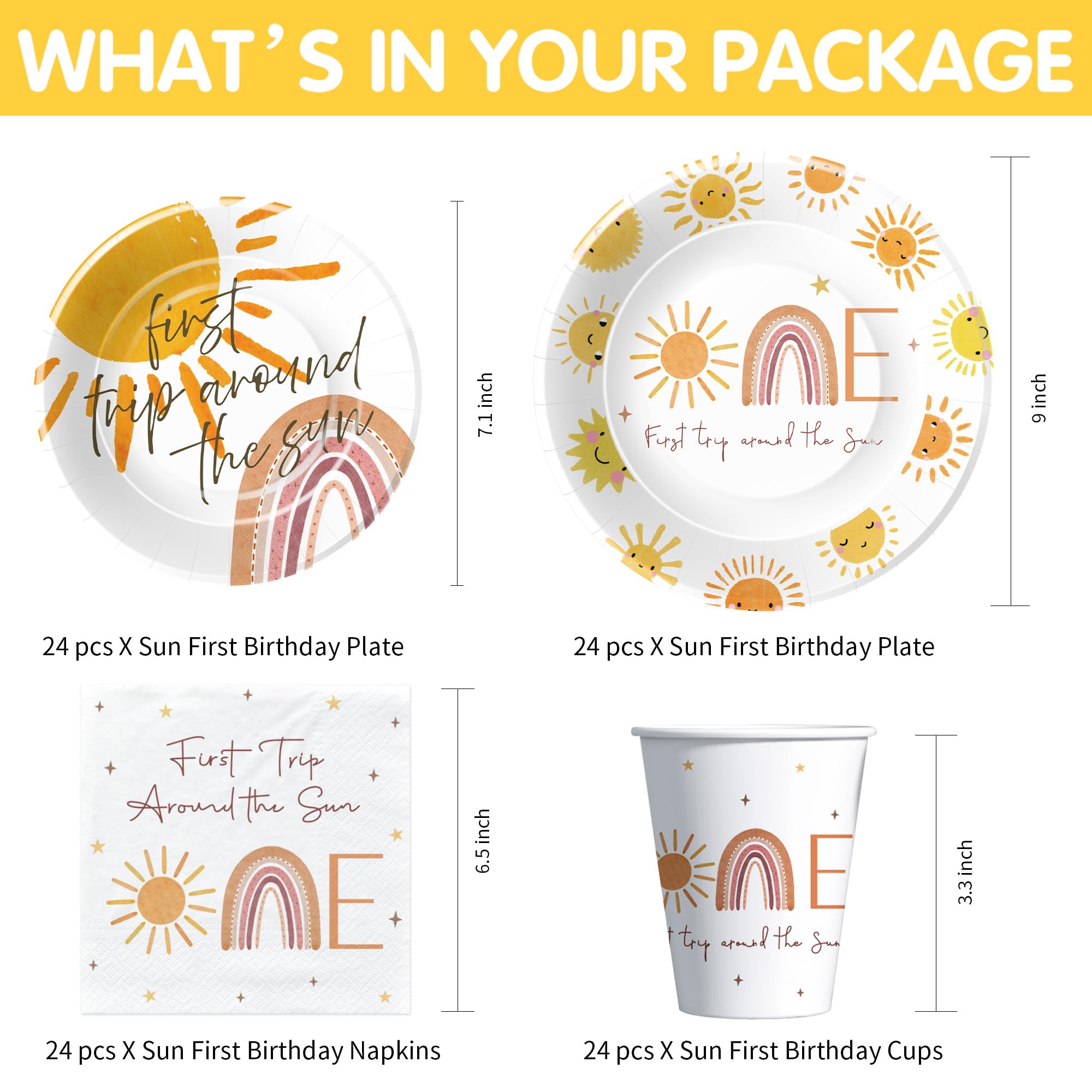 Boho Sunshine 1st Birthday Party Supplies Set - Plates, Cups, Napkins & Table Decor for Baby's First Trip Around The Sun Celebration | 24-Piece Dinnerware Kit for Boho-Themed First Birthday Parties & Milestone Celebrations