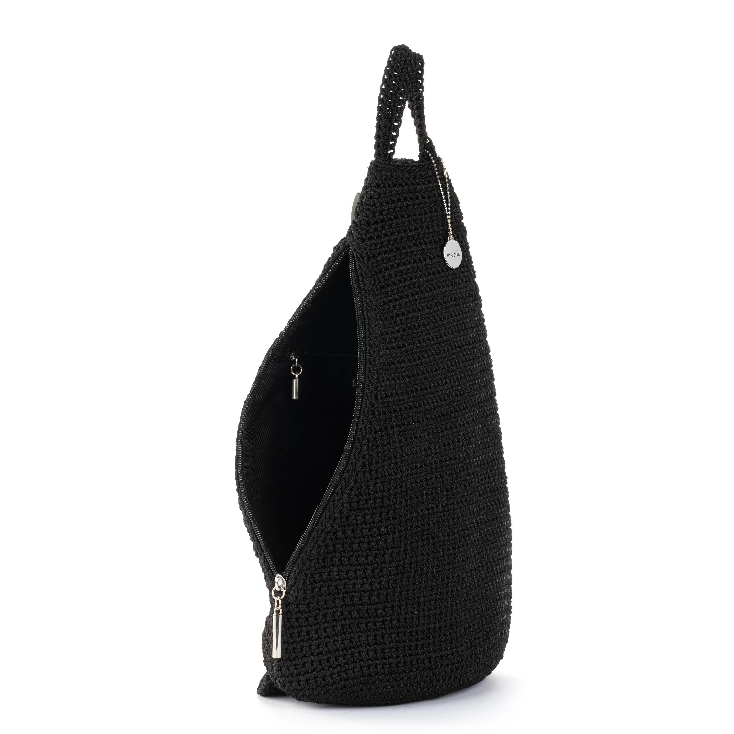 Handmade Geo Sling Backpack - Black Crochet Crossbody Bag for Women | Perfect for Travel, Hiking & Everyday Use