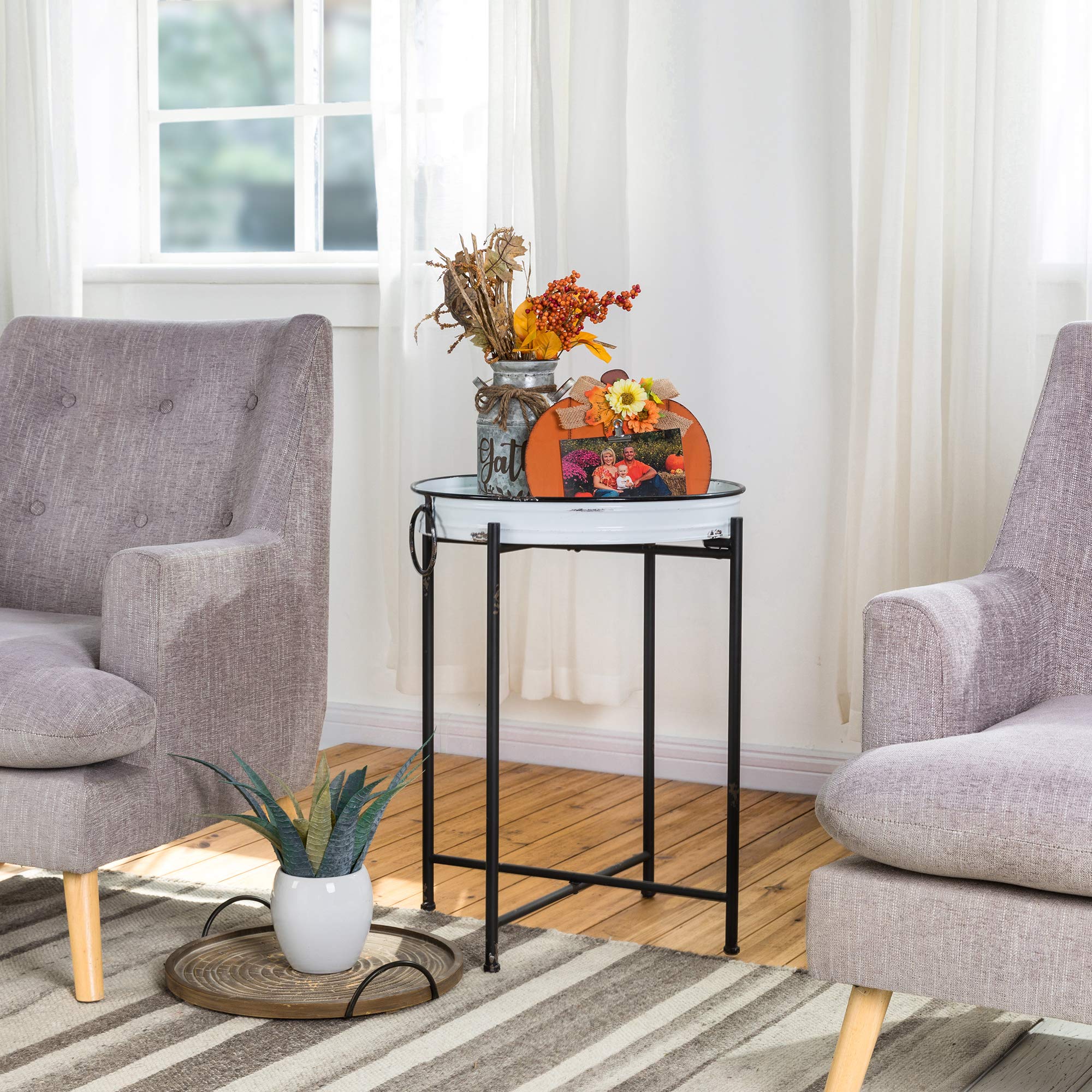 Glitzhome Farmhouse Metal End Table with Removable Tray - Folding Side Table, Waterproof Imitation Enamel Coffee Table for Living Room, Bedroom, Balcony & Office - Perfect for Small Spaces, Home Decor & Coffee Serving