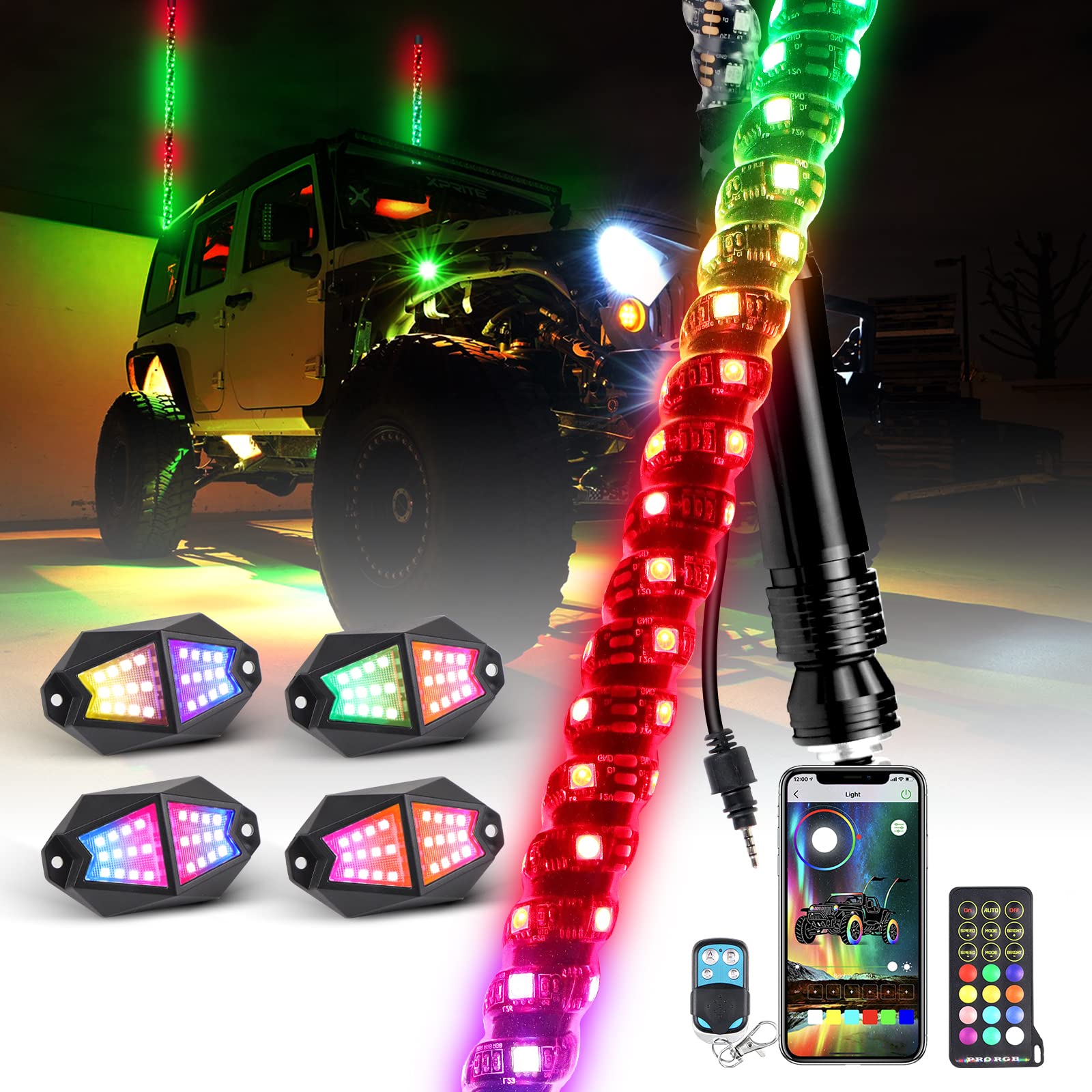 2PCS 3FT 360° Spiral LED Whip Lights with 4 Pods 210° Wide Angle Rock Lights - App & Remote Control, Music Sync, Flashing Modes for Trucks, ATV, UTV, Offroad Vehicles | Perfect for Night Rides, Car Shows & Off-Road Adventures