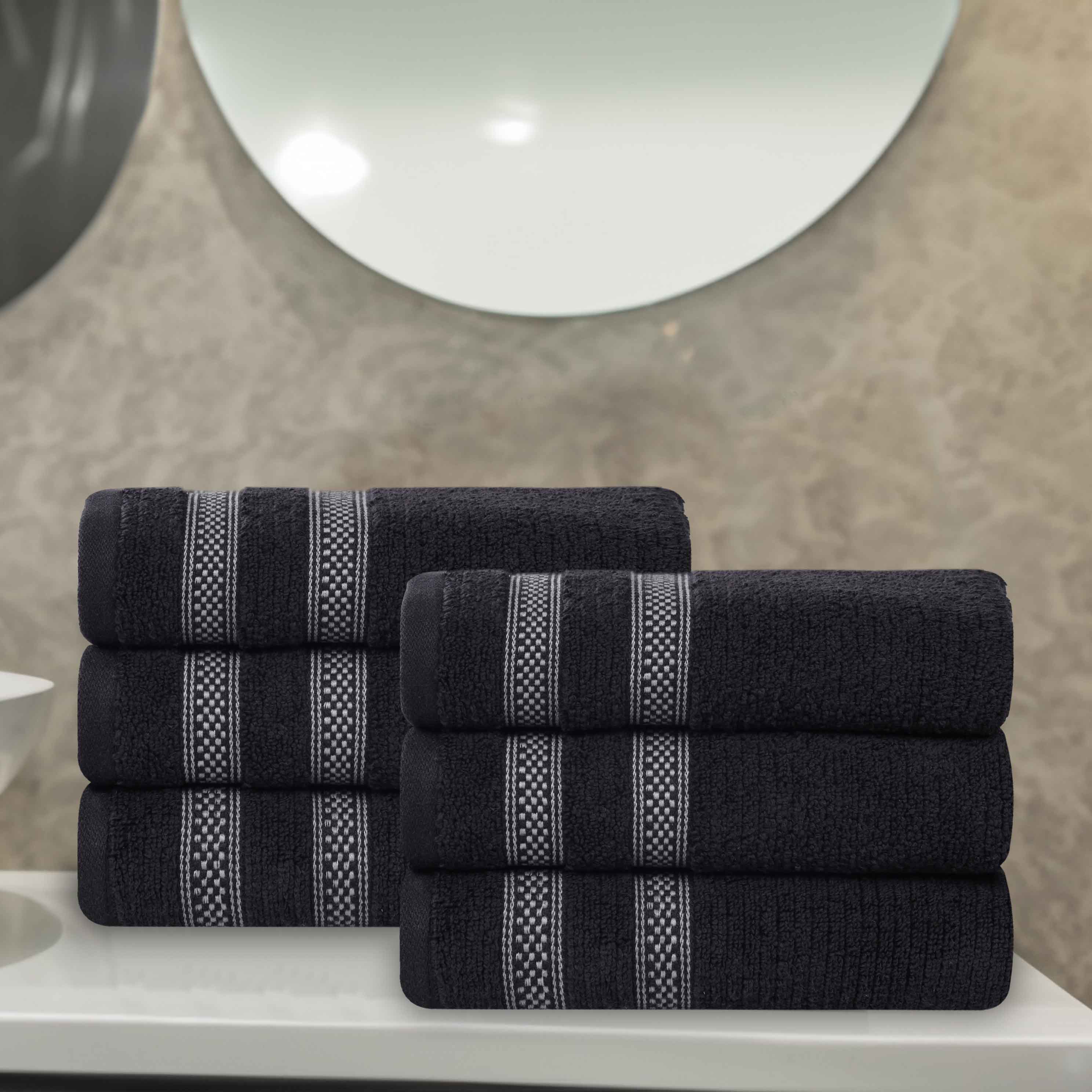 Premium 6-Pack Zero Twist Cotton Ribbed Geometric Border Plush Hand Towels - Ultra Soft & Absorbent for Bathroom, Kitchen, and Guest Use