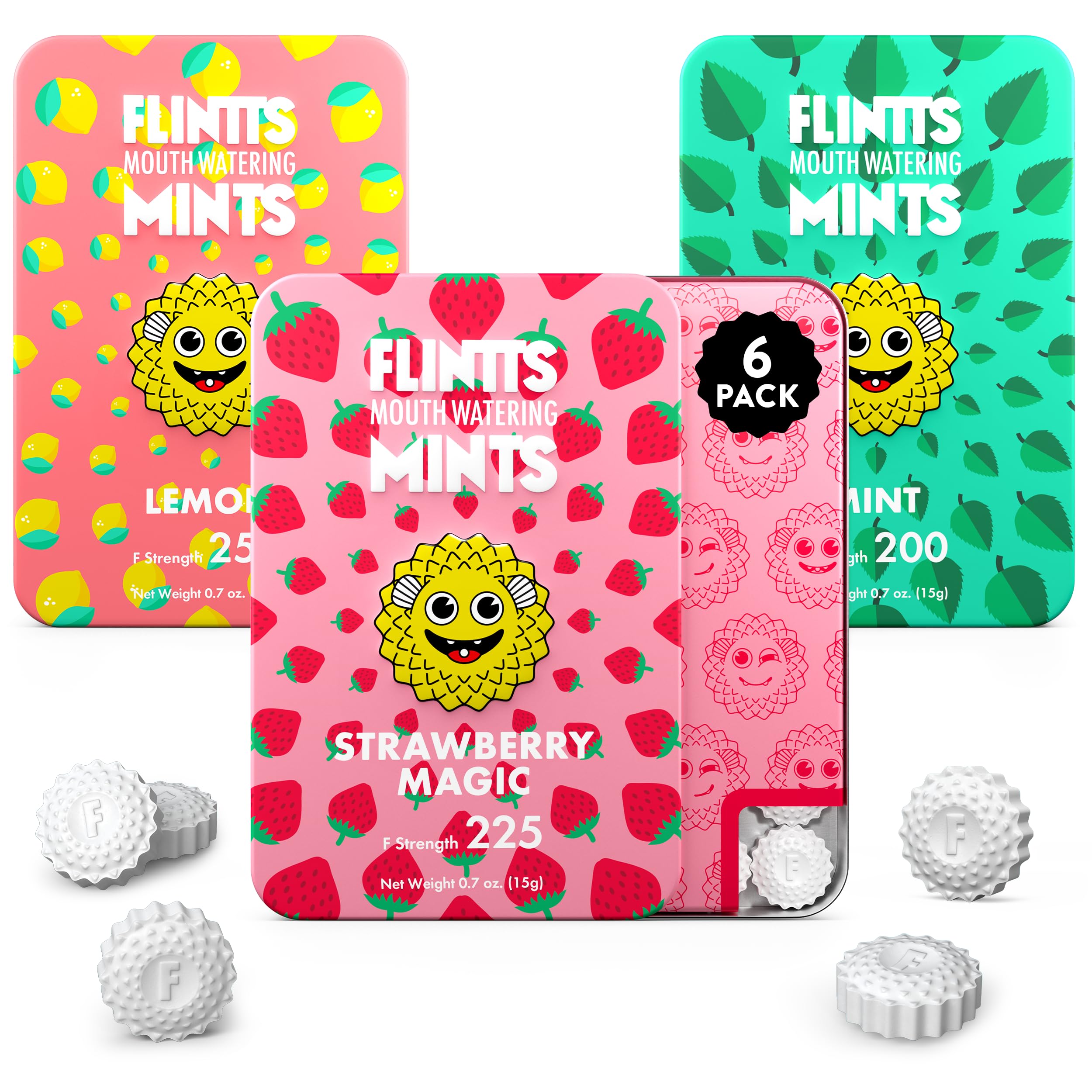 Flintts Mints 2x After Party Pack - Sugar Free Vegan Breath Mints for Fresh Breath & Oral Health (Mint, Strawberry Magic, Lemon) - Pocket Size Dry Mouth Relief - Perfect for Travel, Meetings & Social Events