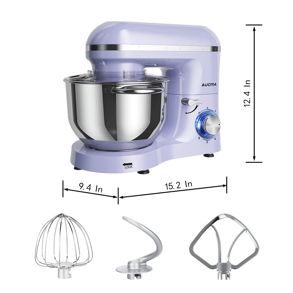 Aucma 6.5-QT 660W Stand Mixer - 6-Speed Tilt-Head Electric Kitchen Mixer with Dough Hook, Wire Whip & Beater (Lavender) - Perfect for Baking Cakes, Cookies, Bread & More