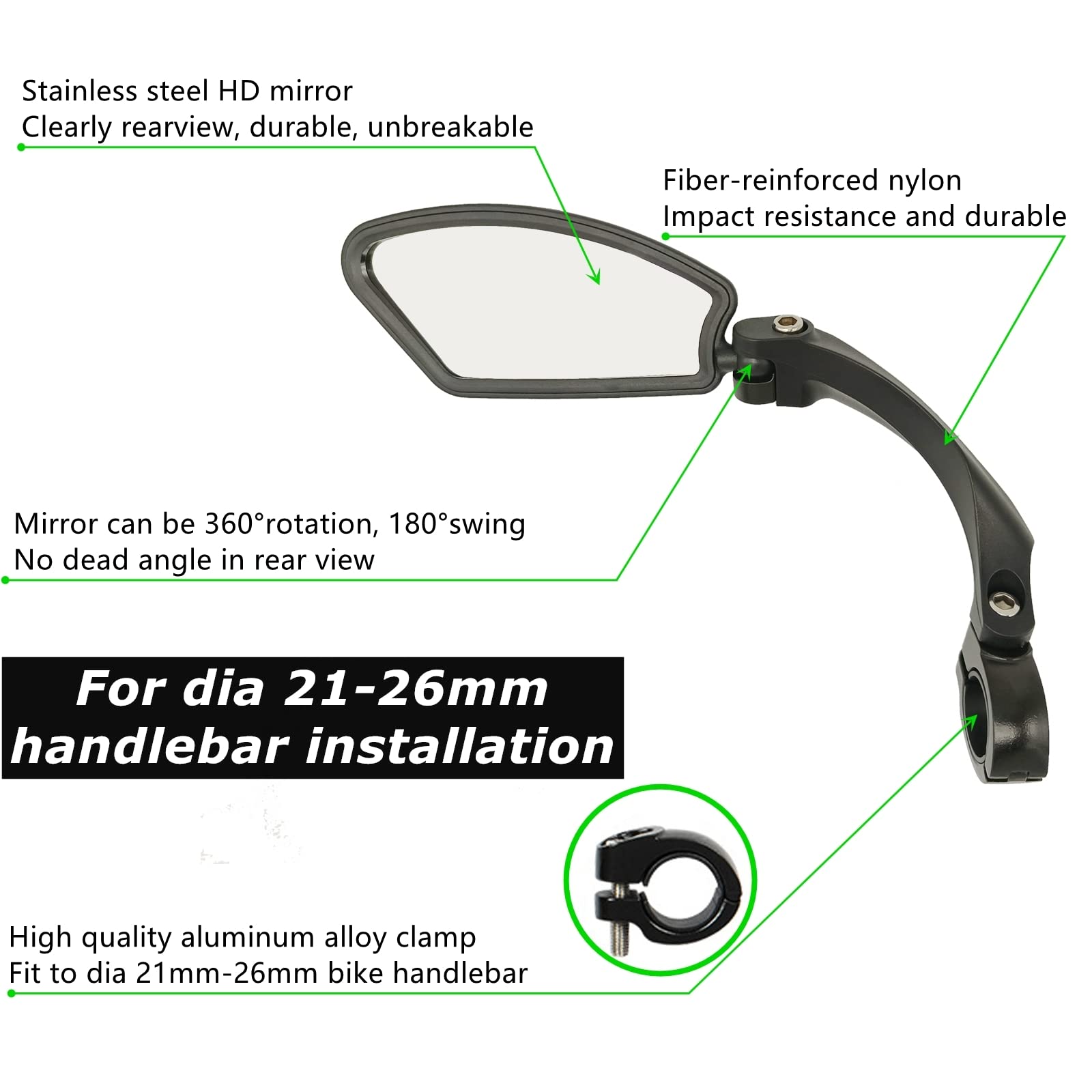Adjustable Stainless Steel Bike Mirror - Handlebar Mount Rearview Mirror for Safe Cycling | Left Side (SS) | Perfect for Road Bikes, Mountain Bikes & Commuting