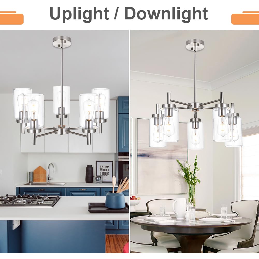 5-Lights Modern Chandelier in Brushed Nickel - Farmhouse Style Dining Room Pendant Light with Clear Glass Shades - Perfect for Kitchen, Living Room, Bedroom - Compatible with E26 Bulb Base - Elegant Ceiling Lighting for Home Decor