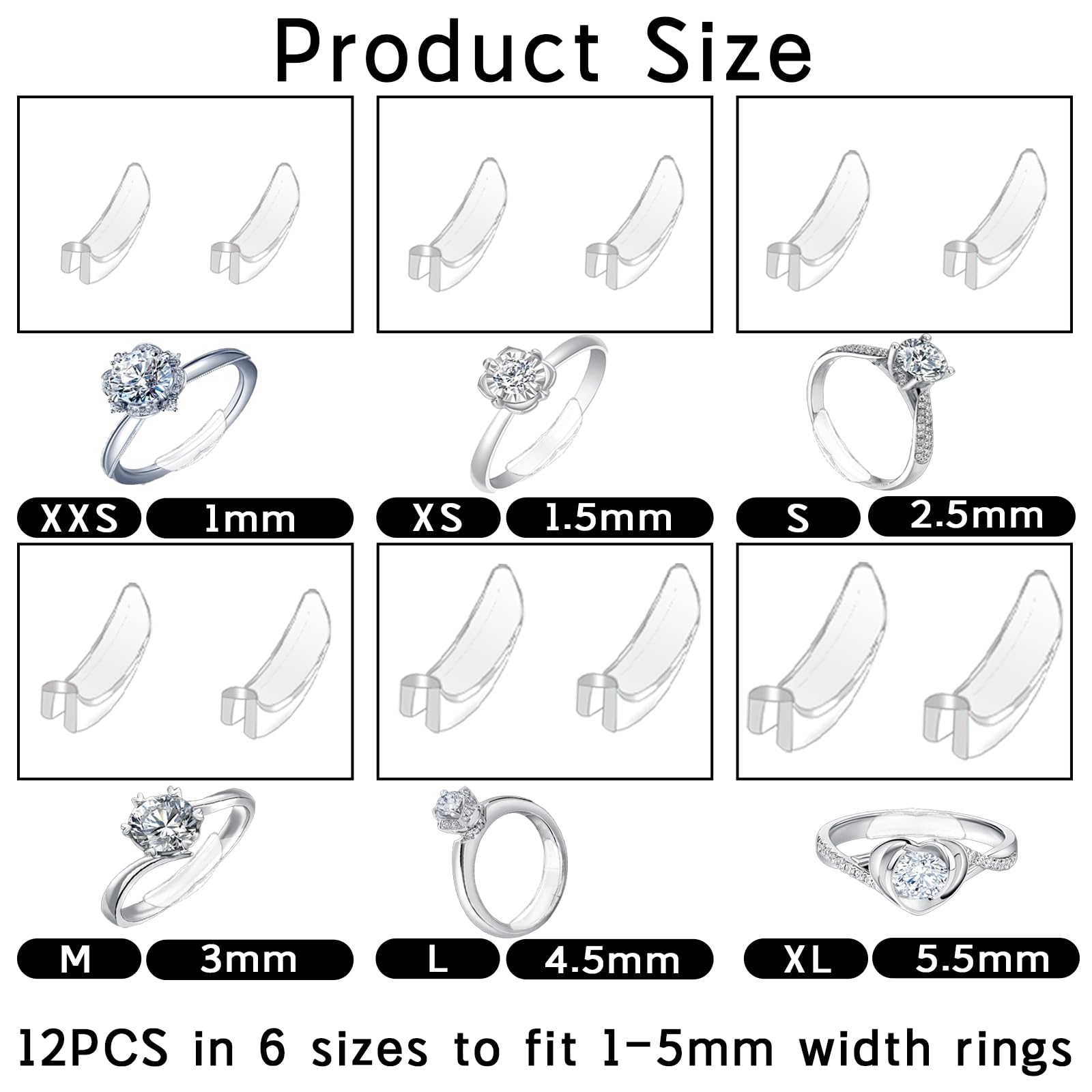 12PCS Ring Sizers for Loose Rings - 6 Sizes Adjustable Ring Guards, Invisible Silicone Ring Size Reducer for Women & Men | Perfect for Wedding Bands, Engagement Rings & Everyday Jewelry Comfort