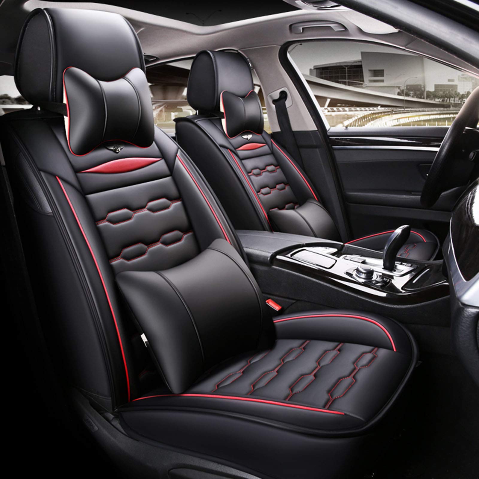 Premium HZWZ Universal Car Seat Covers - Luxury Leather, Abrasion-Resistant Auto Seat Protectors with Lumbar Support & Headrest (Black/Red) | Perfect for SUVs, Sedans & Trucks - Enhances Comfort & Protects Seats from Wear