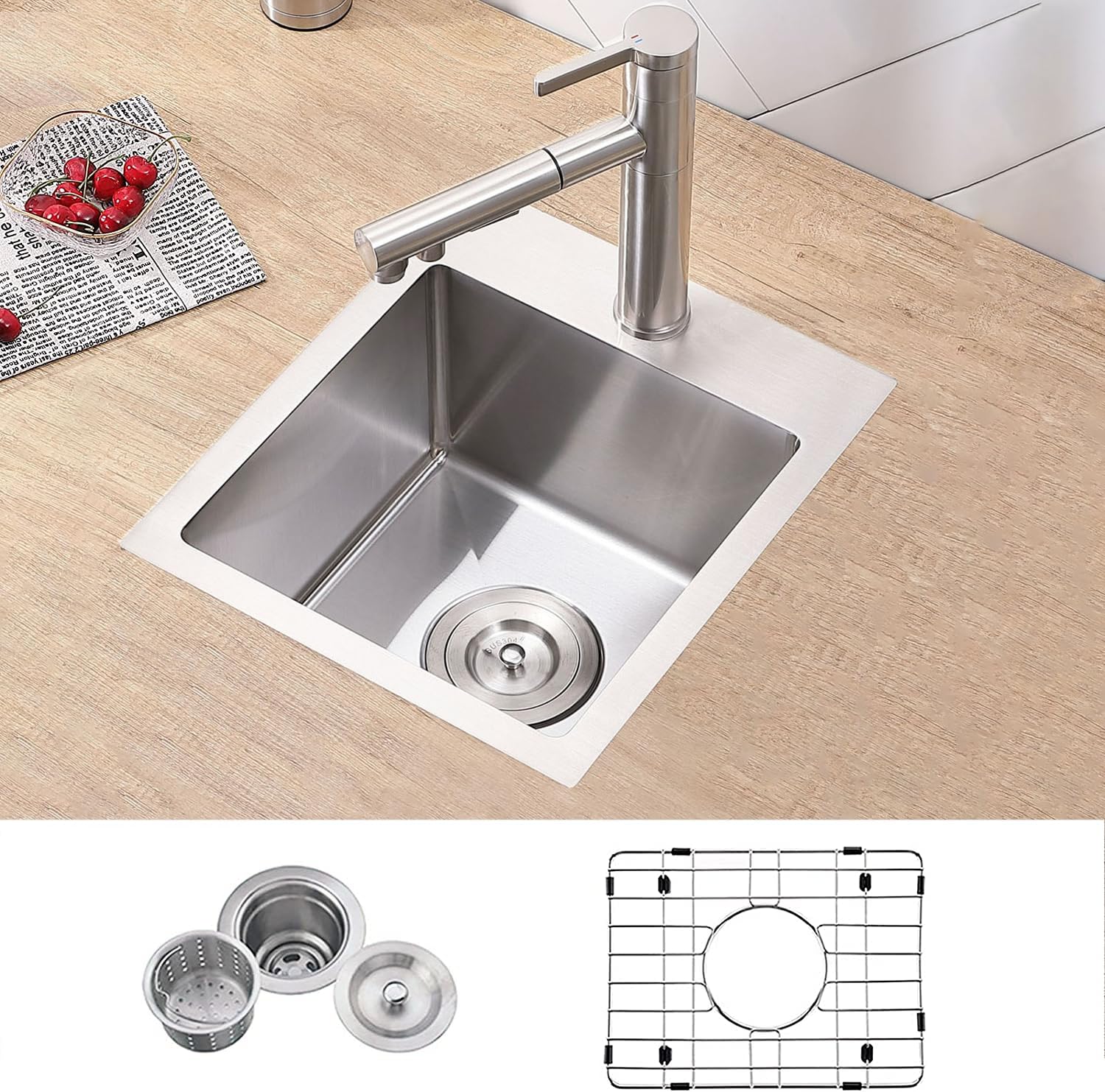VCCUCINE 15x15 Inch Topmount Drop-in Bar Sink - Handmade Stainless Steel RV Small Kitchen Sink with Brushed Nickel Finish & Accessories - Perfect for Outdoor Wet Bars, Prep Stations & Compact RV Kitchens
