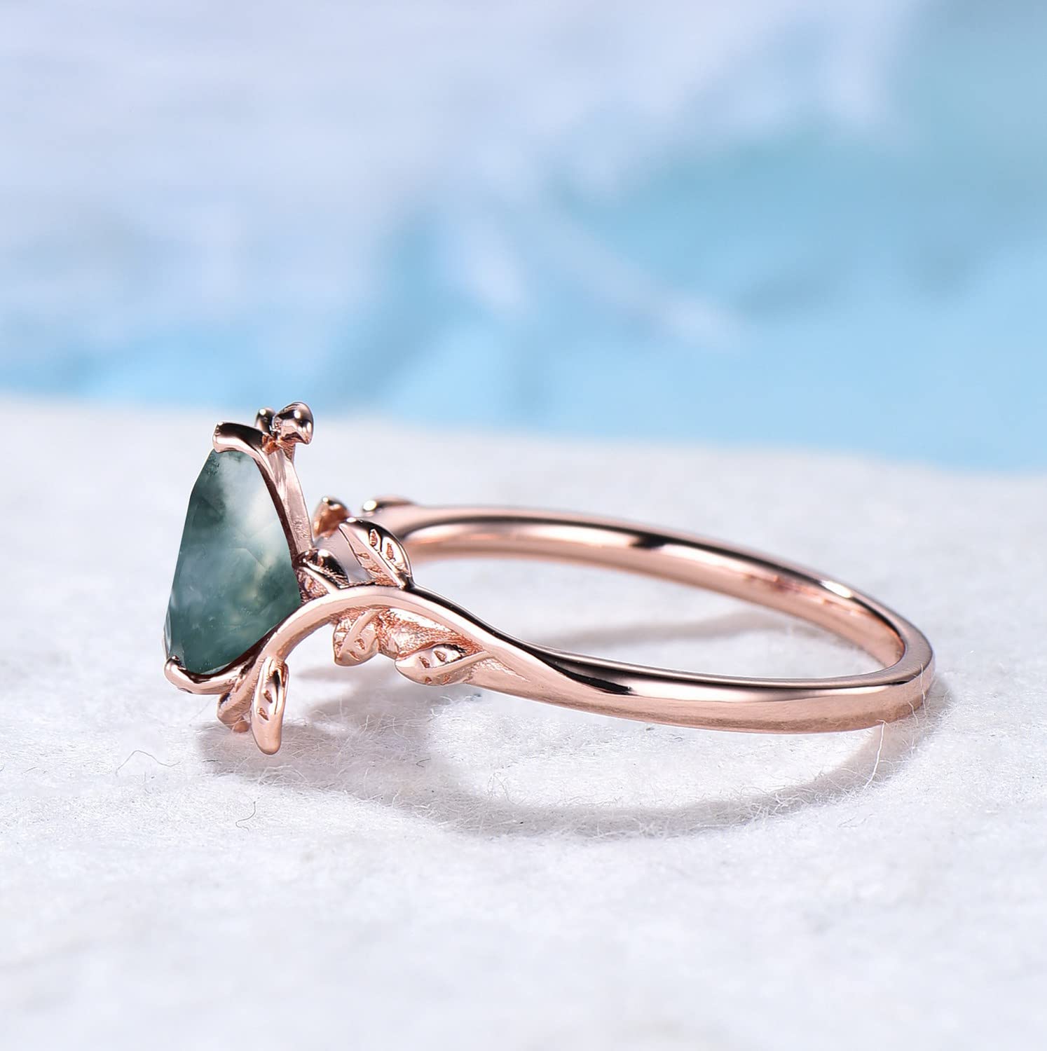 Natural Green Moss Agate Pear Shape Engagement Ring - Vintage Crystal Solitaire Leaf Ring with Healing Gemstone, Unique Promise Ring for Women - Perfect for Weddings, Anniversaries & Spiritual Healing Jewelry