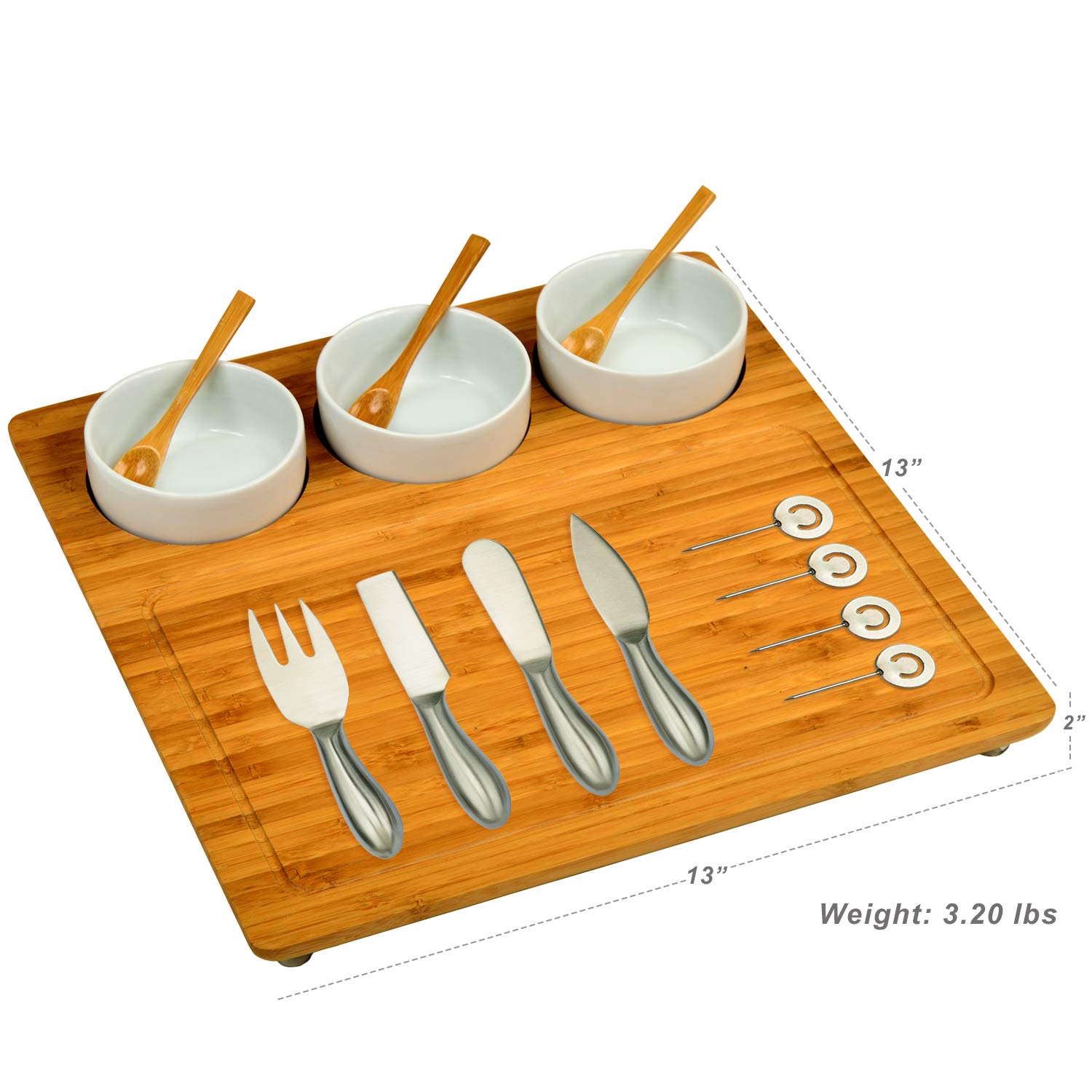 Premium Bamboo Cheese Board & Charcuterie Platter Set with 3 Ceramic Bowls, Bamboo Spoons, Stainless Steel Cheese Tools & Markers - Handcrafted in USA - Perfect for Wine Tasting, Picnics & Entertaining Guests